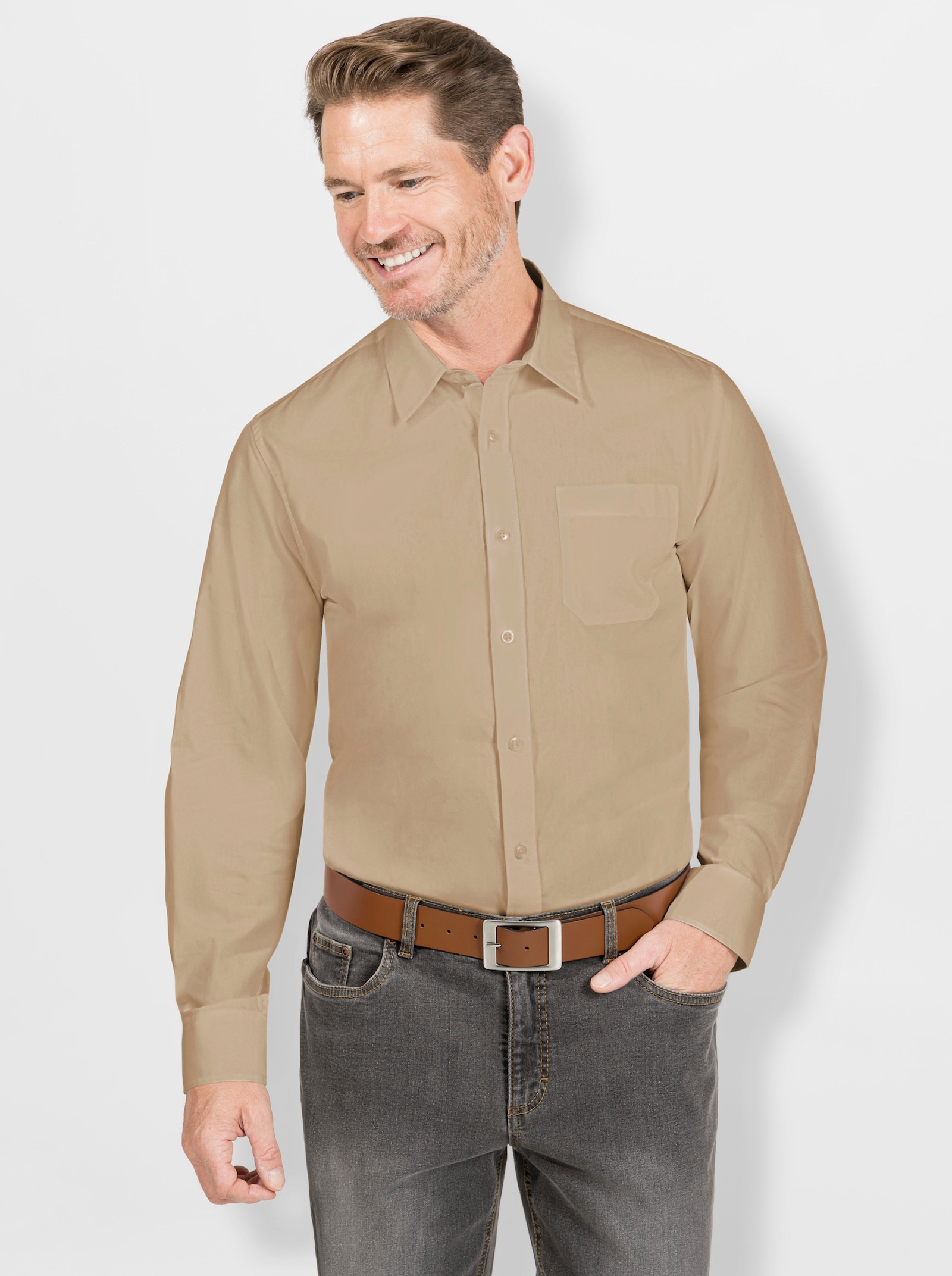 Marco Donati Langarmhemd in bügelfreier Qualität - beige