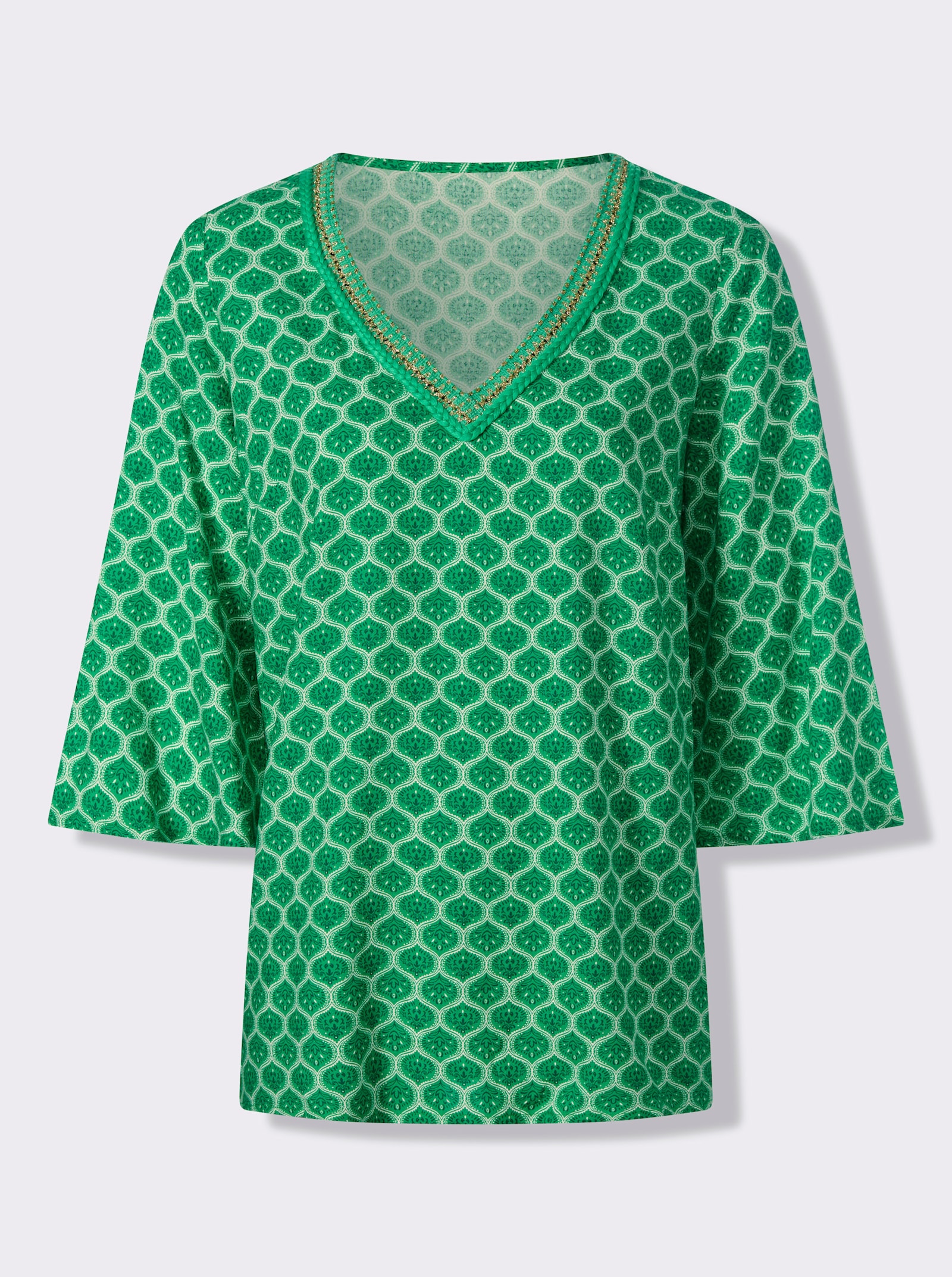 heine Tunika mit Trompetenärmeln - grasgrün-ecru-bedruckt