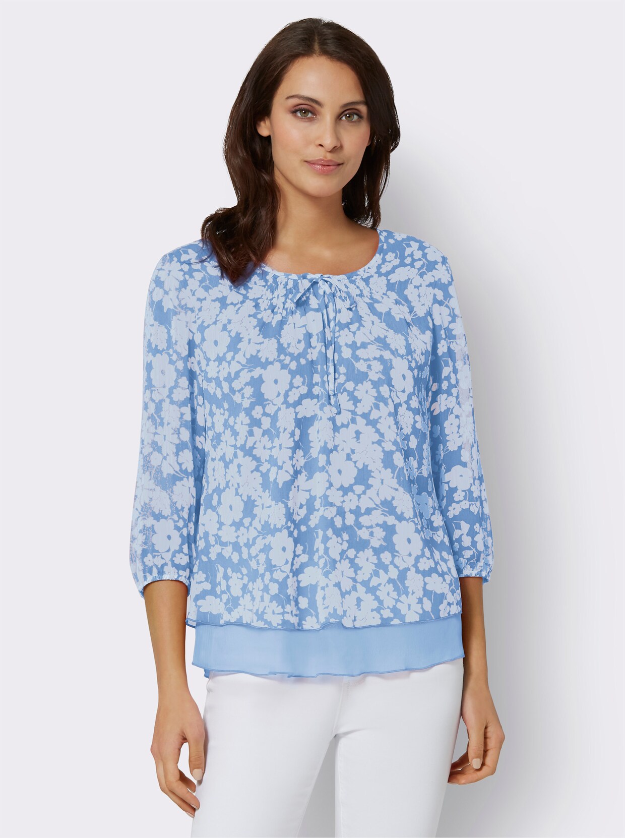 Chiffonbluse - himmelblau-ecru-bedruckt