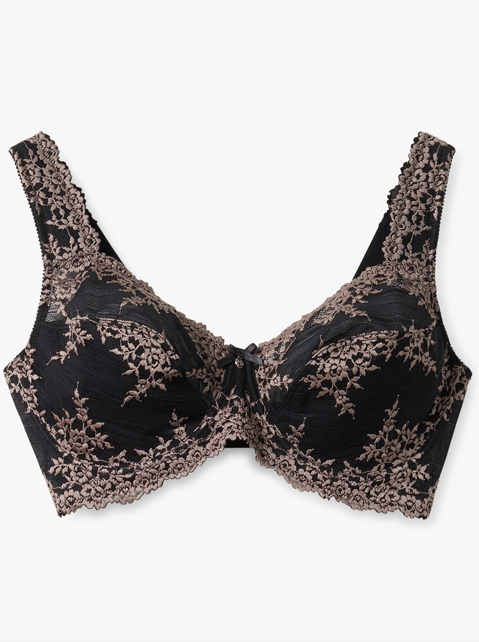 sheego Beugelbeha met geborduurd kant en mesh-inzetten - Zwart + taupe