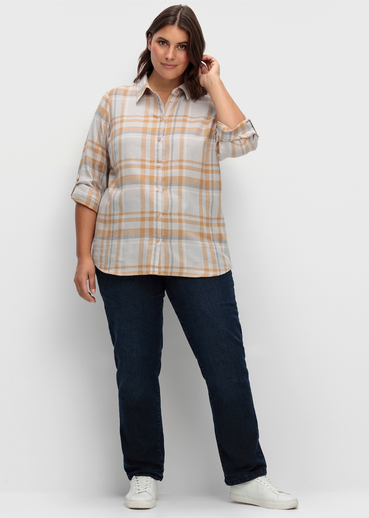 Flanellbluse mit krempelbaren Ärmeln - steingrau-camel-kariert