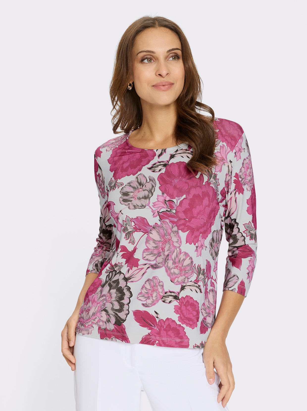 Rundhalsshirt - ecru-fuchsia-bedruckt