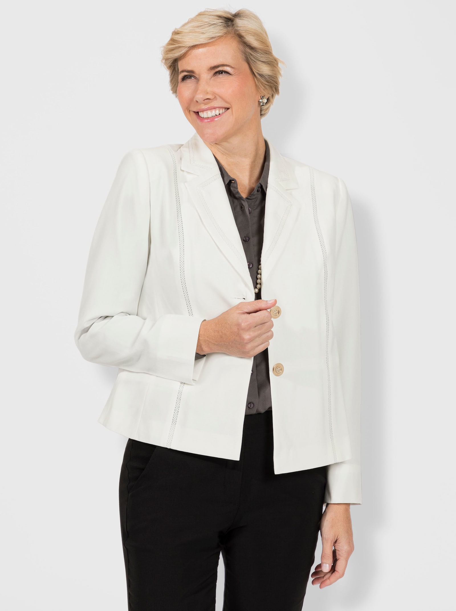 Kurzblazer mit Spitzen-Verzierung - ecru