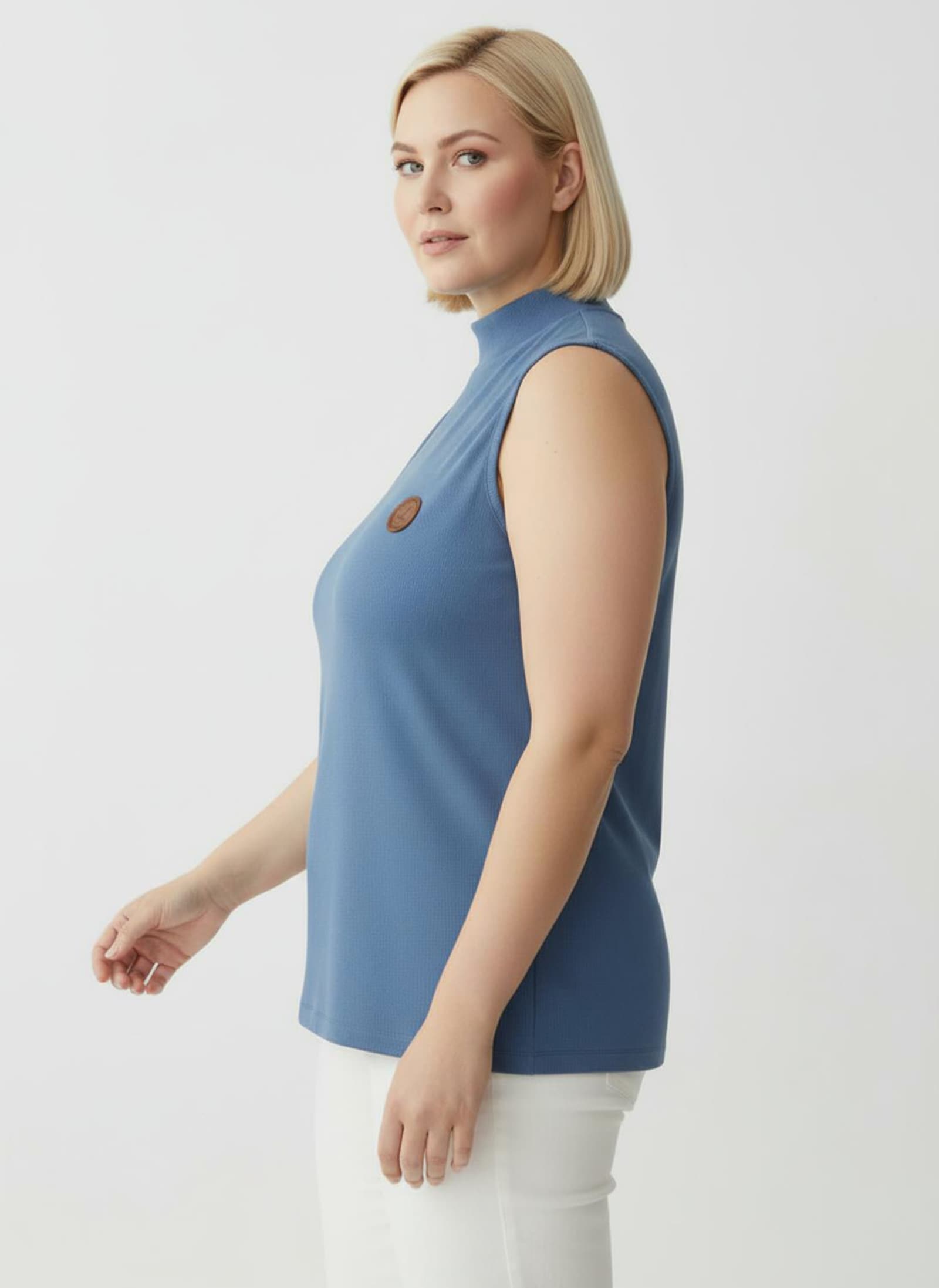 Shirttop mit Stehkragen, pflegeleicht - mittelblau