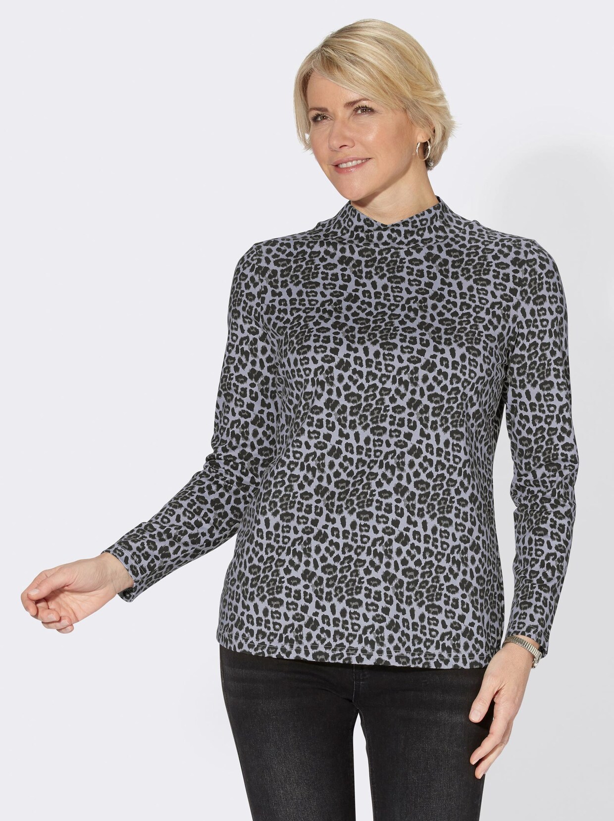 Stehkragenshirt - steingrau-bedruckt