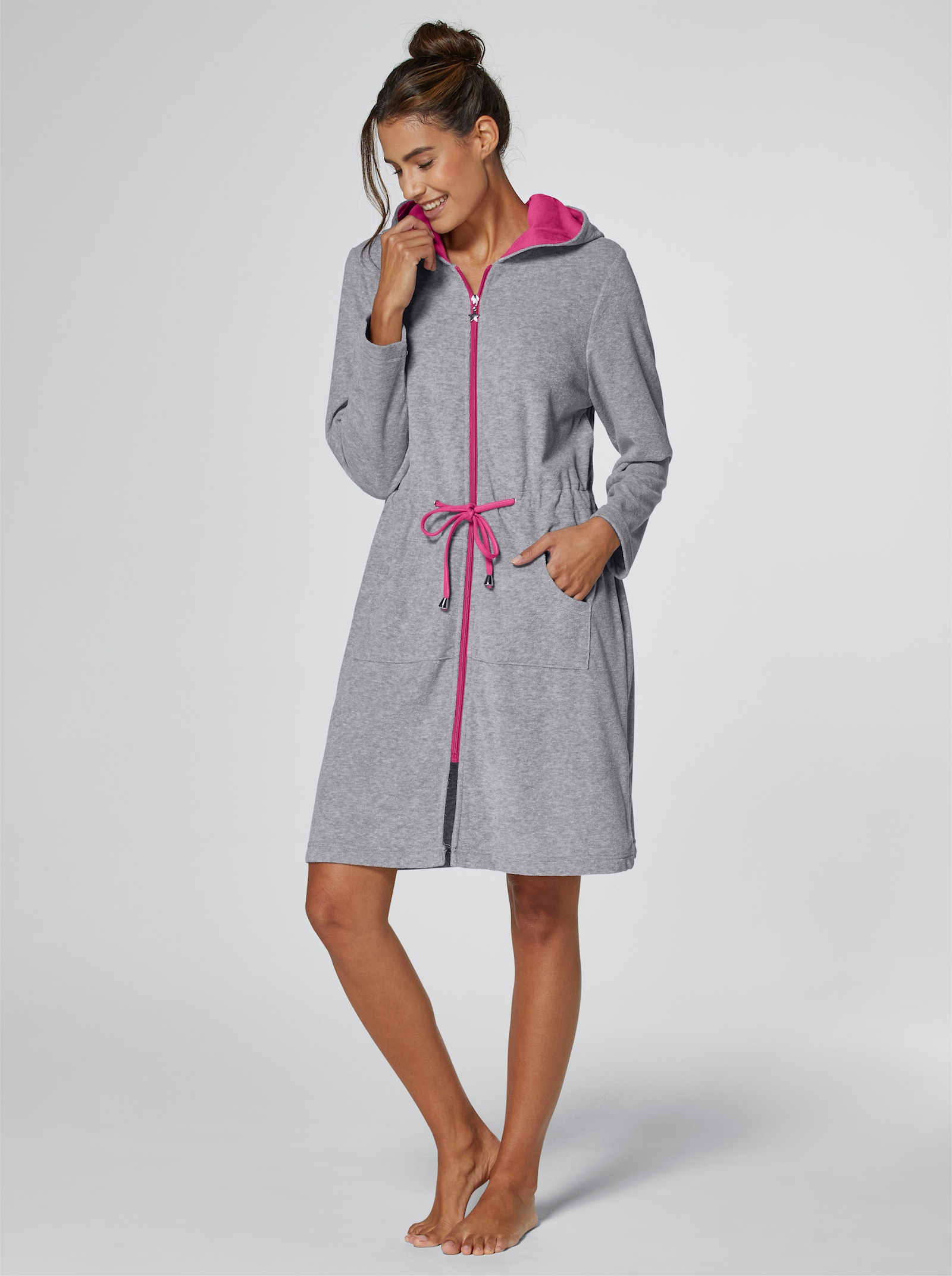 feel good Bademantel - grau-meliert-fuchsia