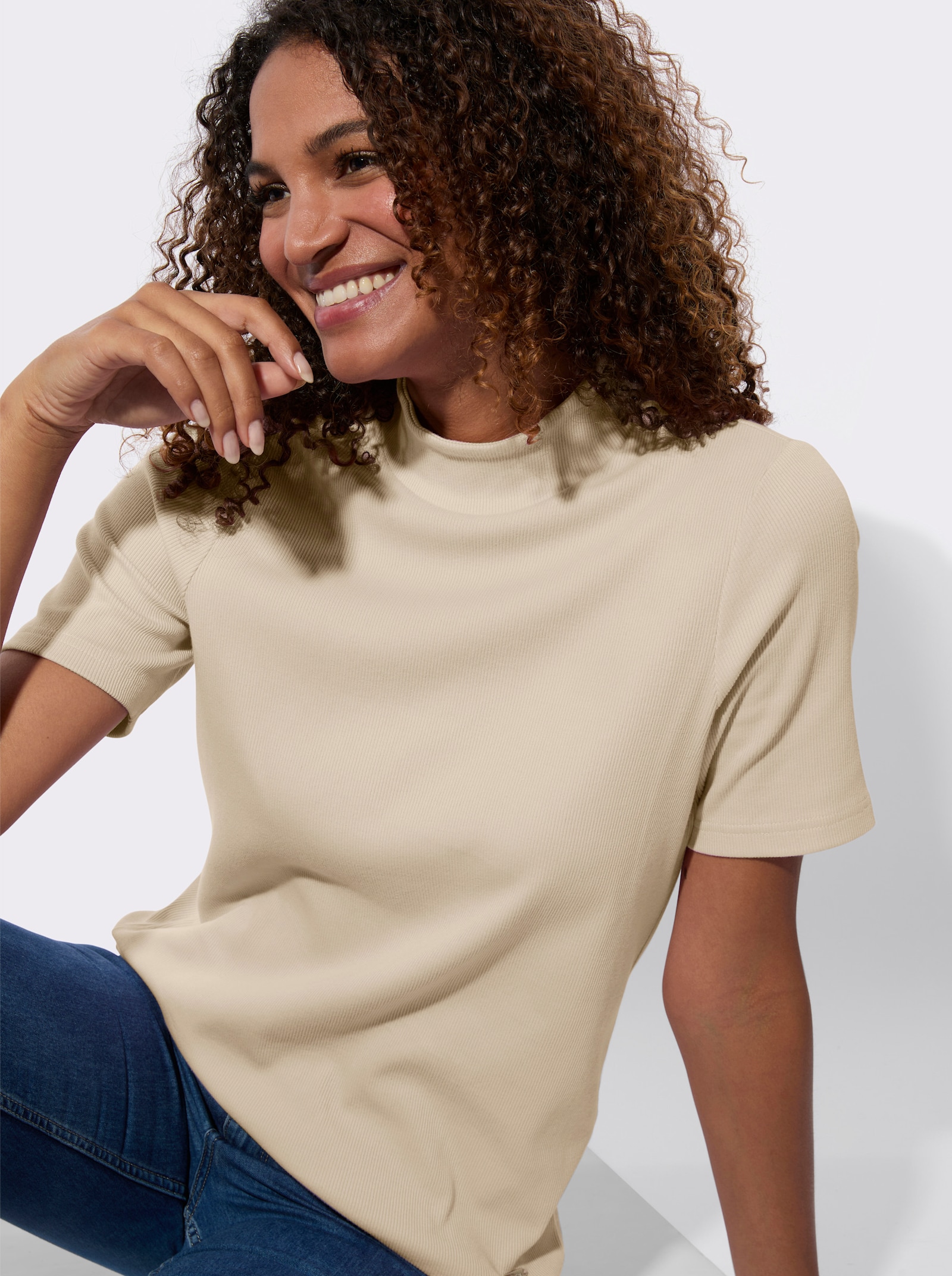 Stehkragenshirt in Baumwoll-Qualität - elfenbein