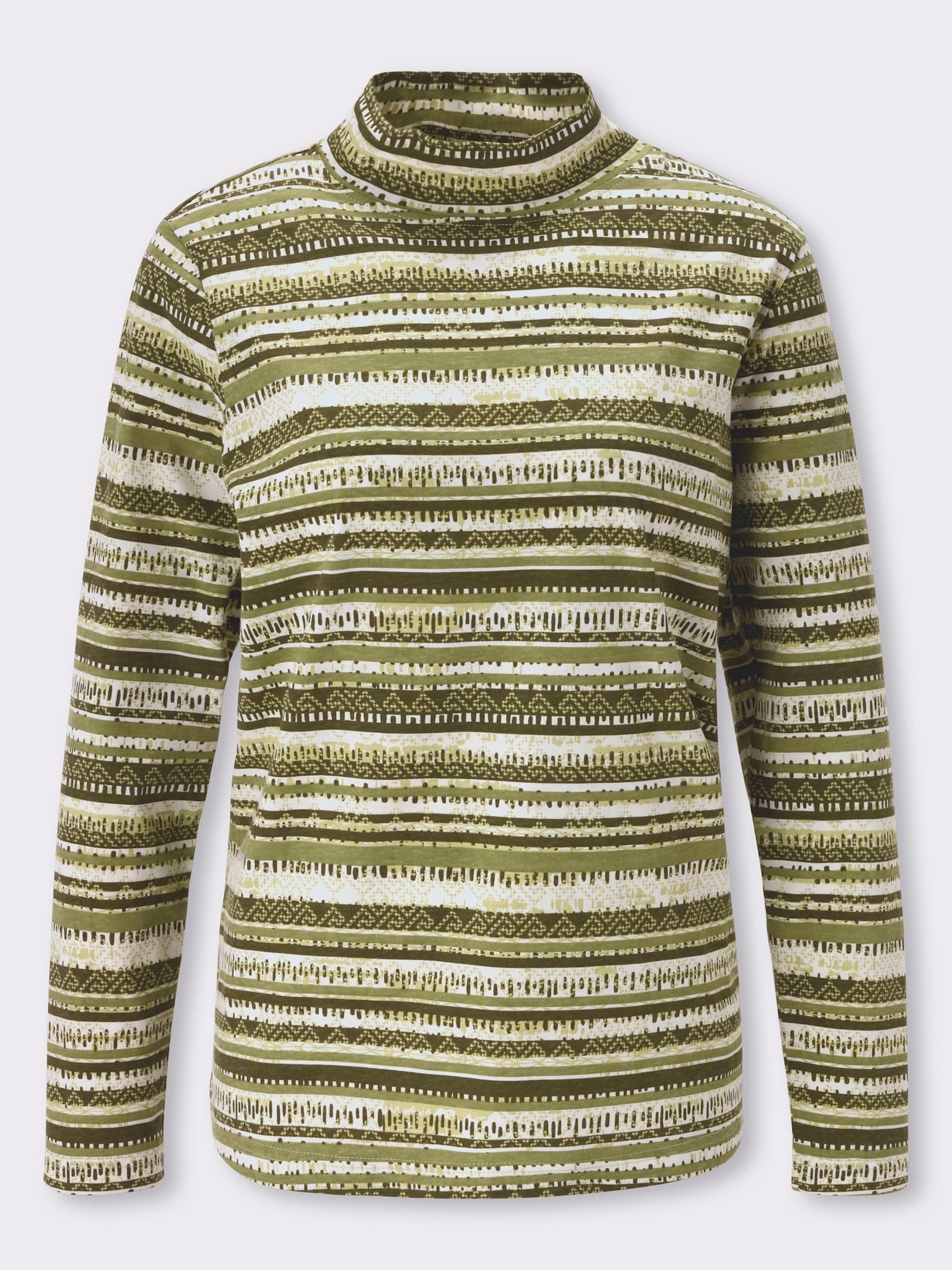 Stehkragenshirt mit Ethno-Druck - oliv-ecru-bedruckt