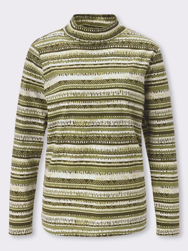 Stehkragenshirt mit Ethno-Druck - oliv-ecru-bedruckt
