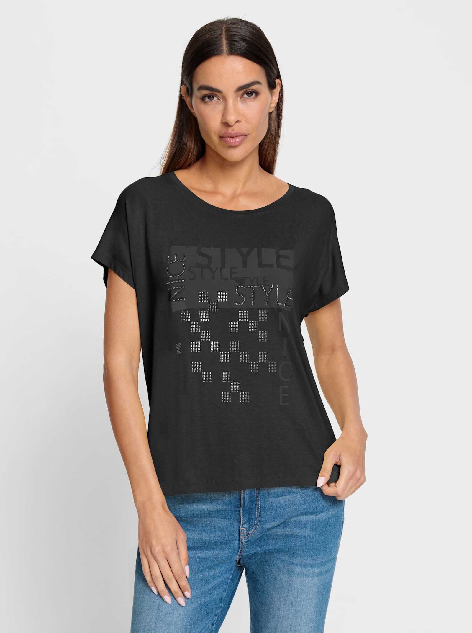 heine Rundhalsshirt mit Glitzersteinchen - schwarz