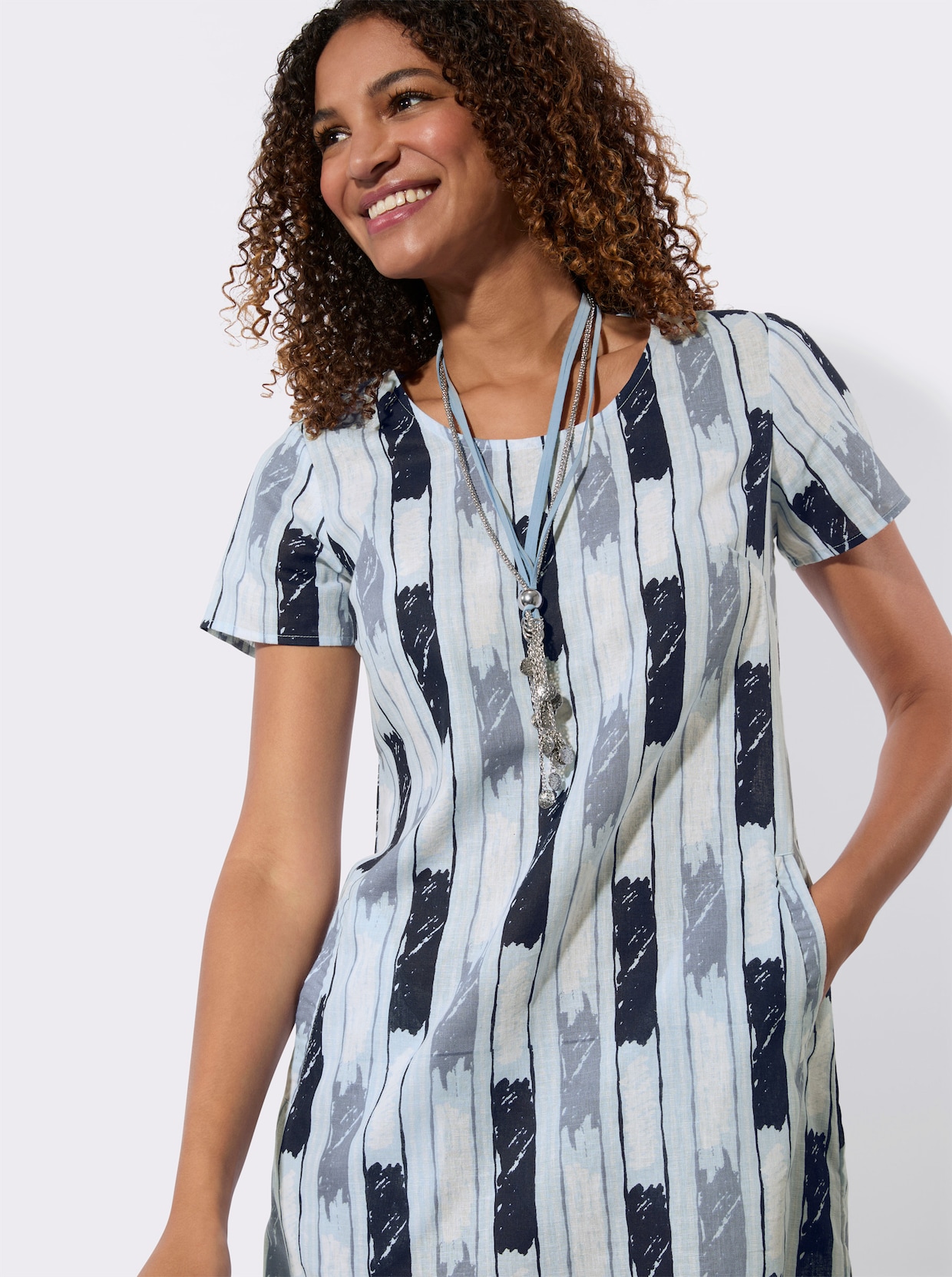 Druckkleid - taubenblau-ecru