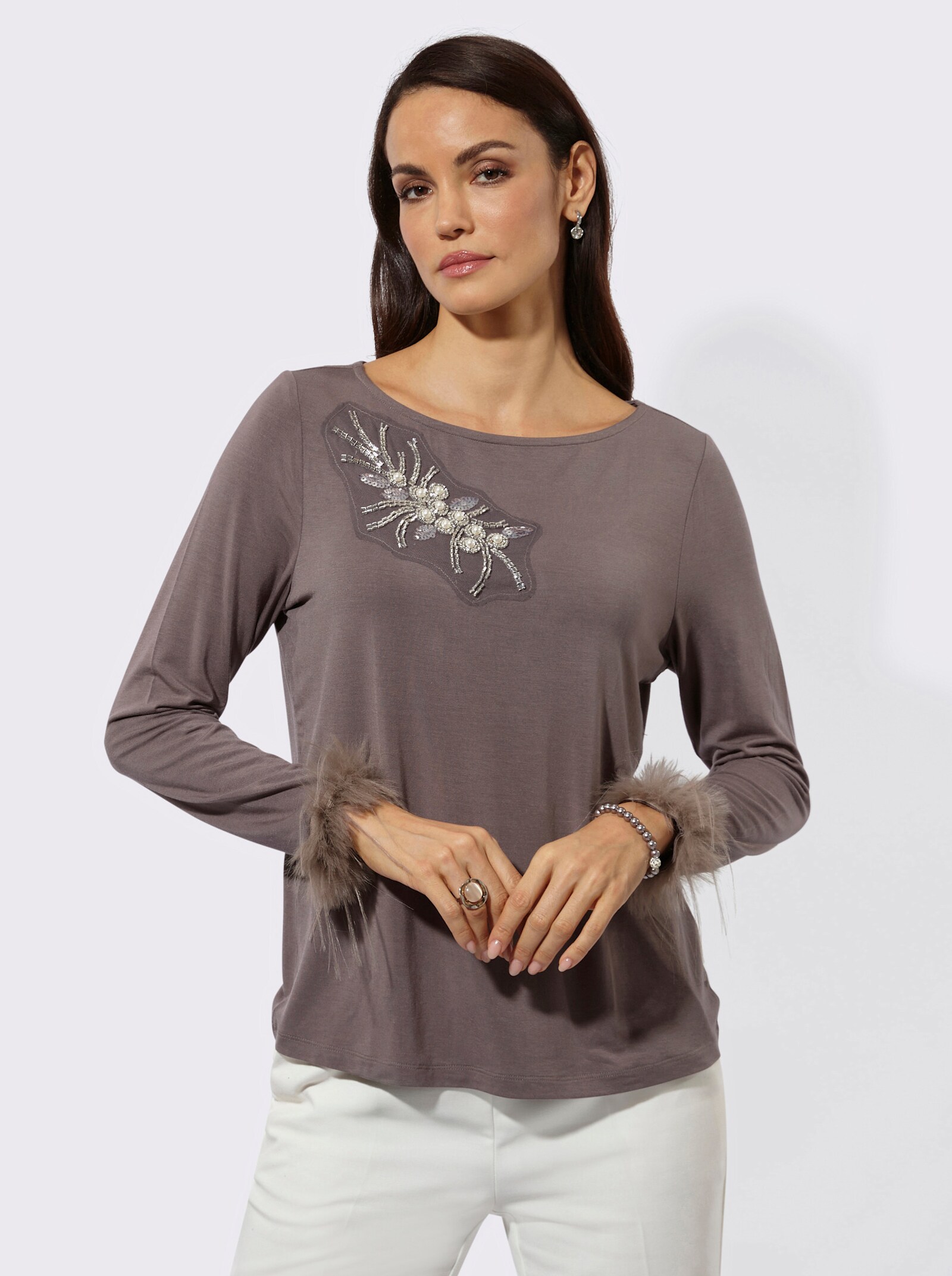 Langarmshirt mit Pailletten und Ziersteinchen - dunkeltaupe