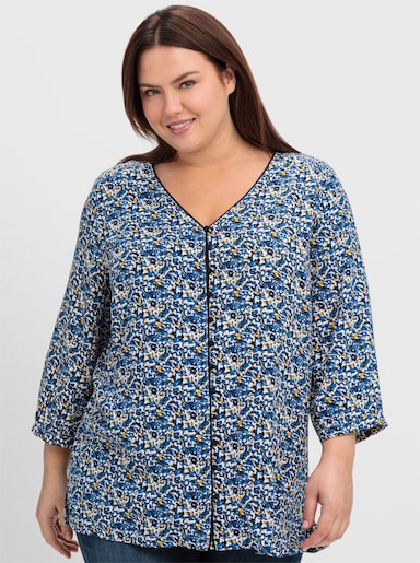 sheego Druckbluse mit Minimal-Alloverprint - tiefblau-gemustert