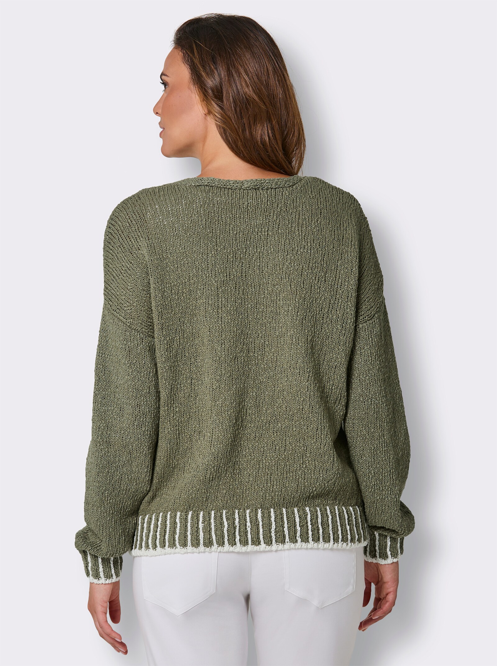 CREATION L PREMIUM Strickjacke mit Kontrast-Streifen - khaki