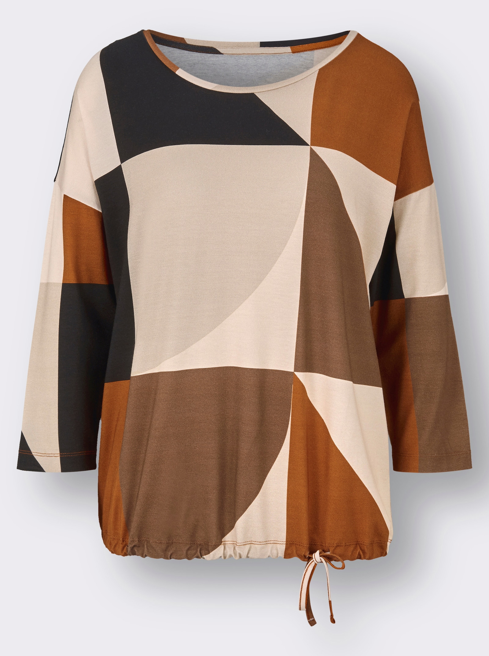 3/4-Arm-Shirt mit Tunnelzug am Saum - champagner-cognac-bedruckt