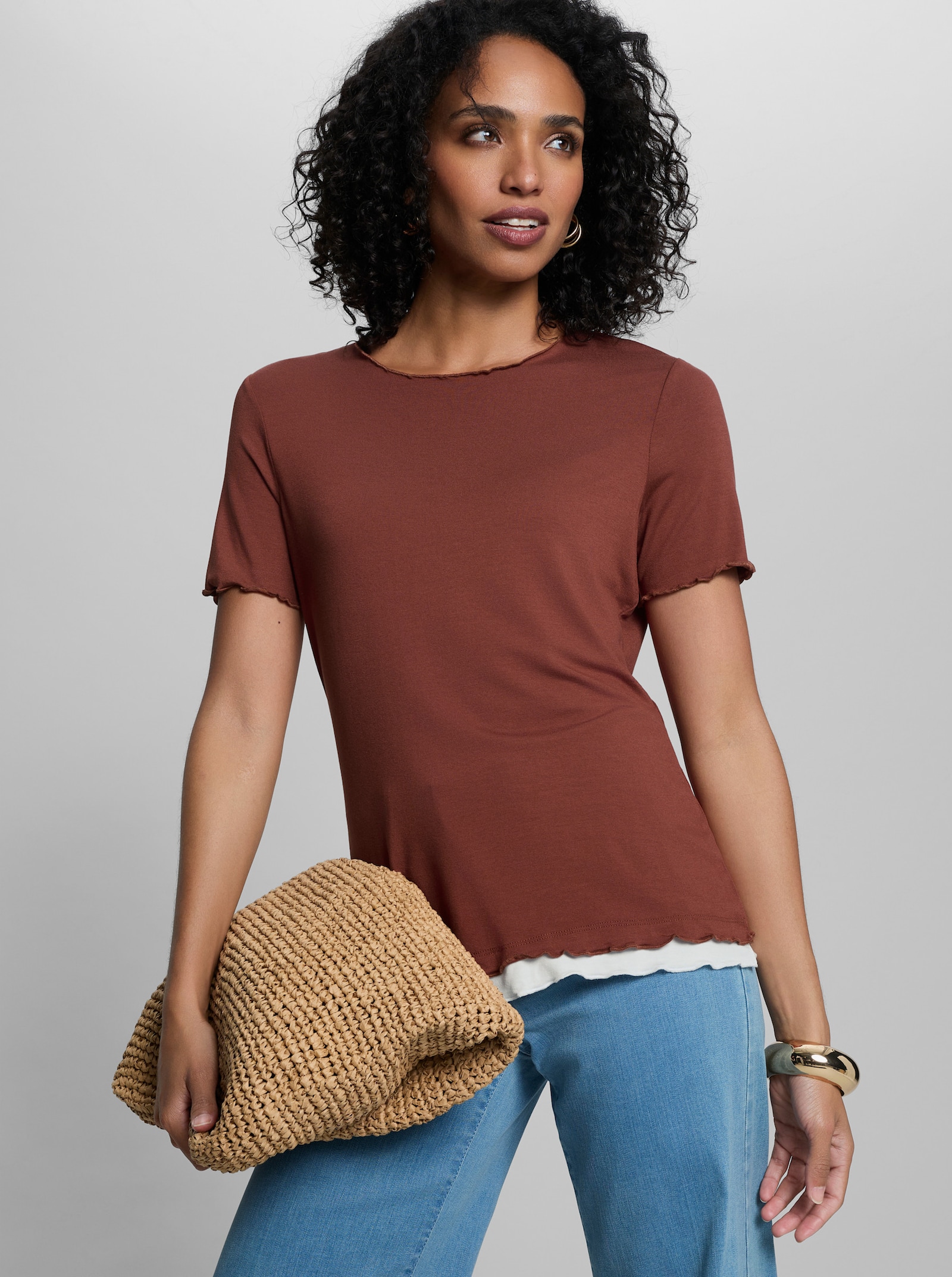 heine Kurzarmshirt mit Wellenkanten - rotbraun