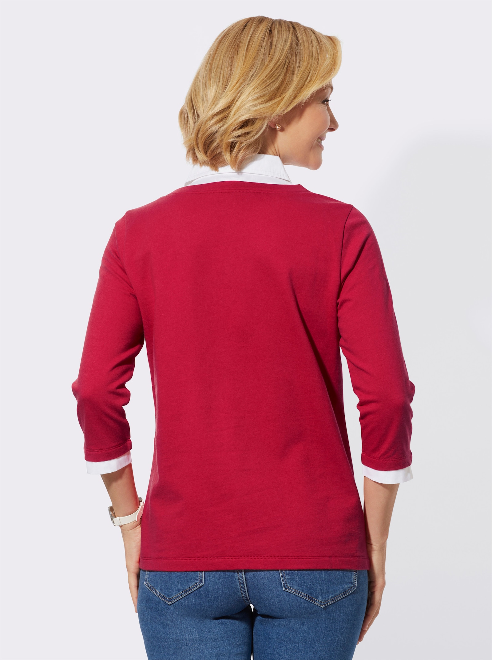 2-in-1-Langarmshirt mit Blumenstickerei am V-Ausschnitt - erdbeere