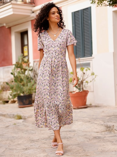 Jerseykleid mit Flügelärmeln - hortensie-gelb-bedruckt