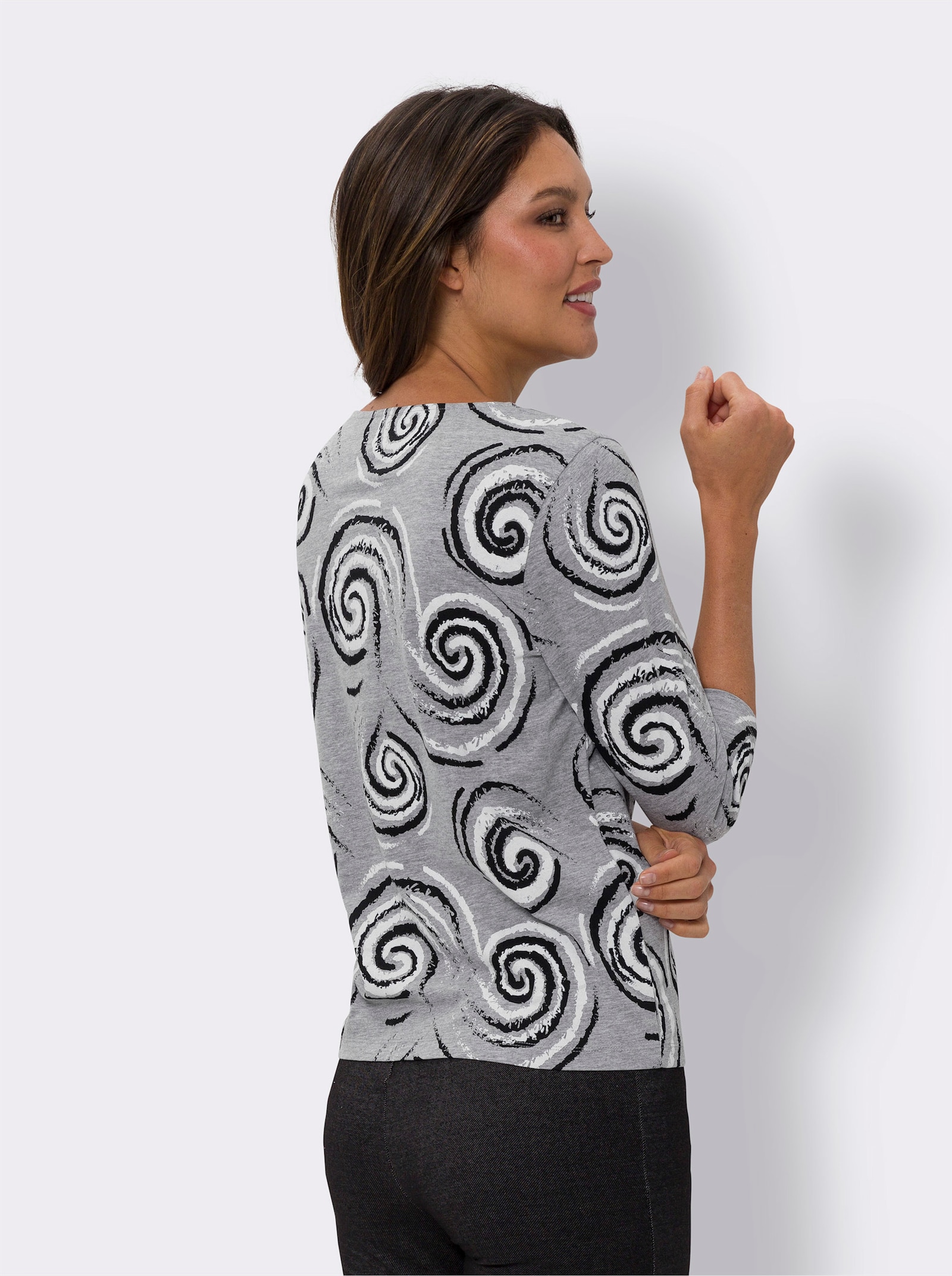 Tričko, 3/4 rukávy, bavlna - sivo-melírovaná-čierna potlač