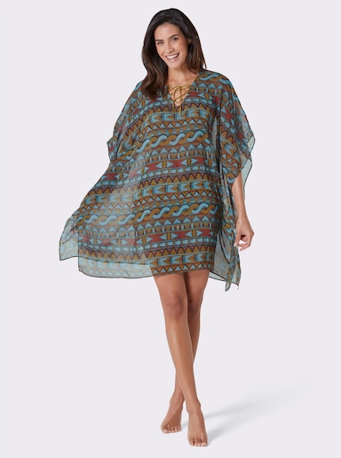 feel good Strandtunika mit Bindebändern - aquamarin-terra-bedruckt