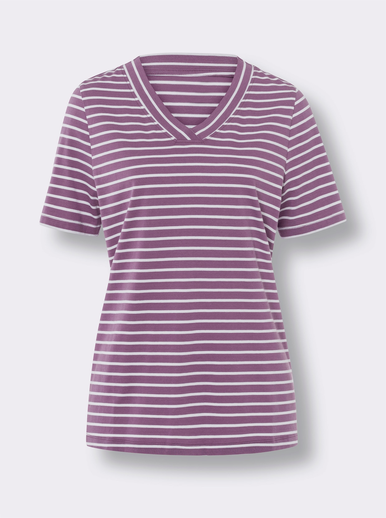 Kurzarm-Shirt - violett-ecru-geringelt