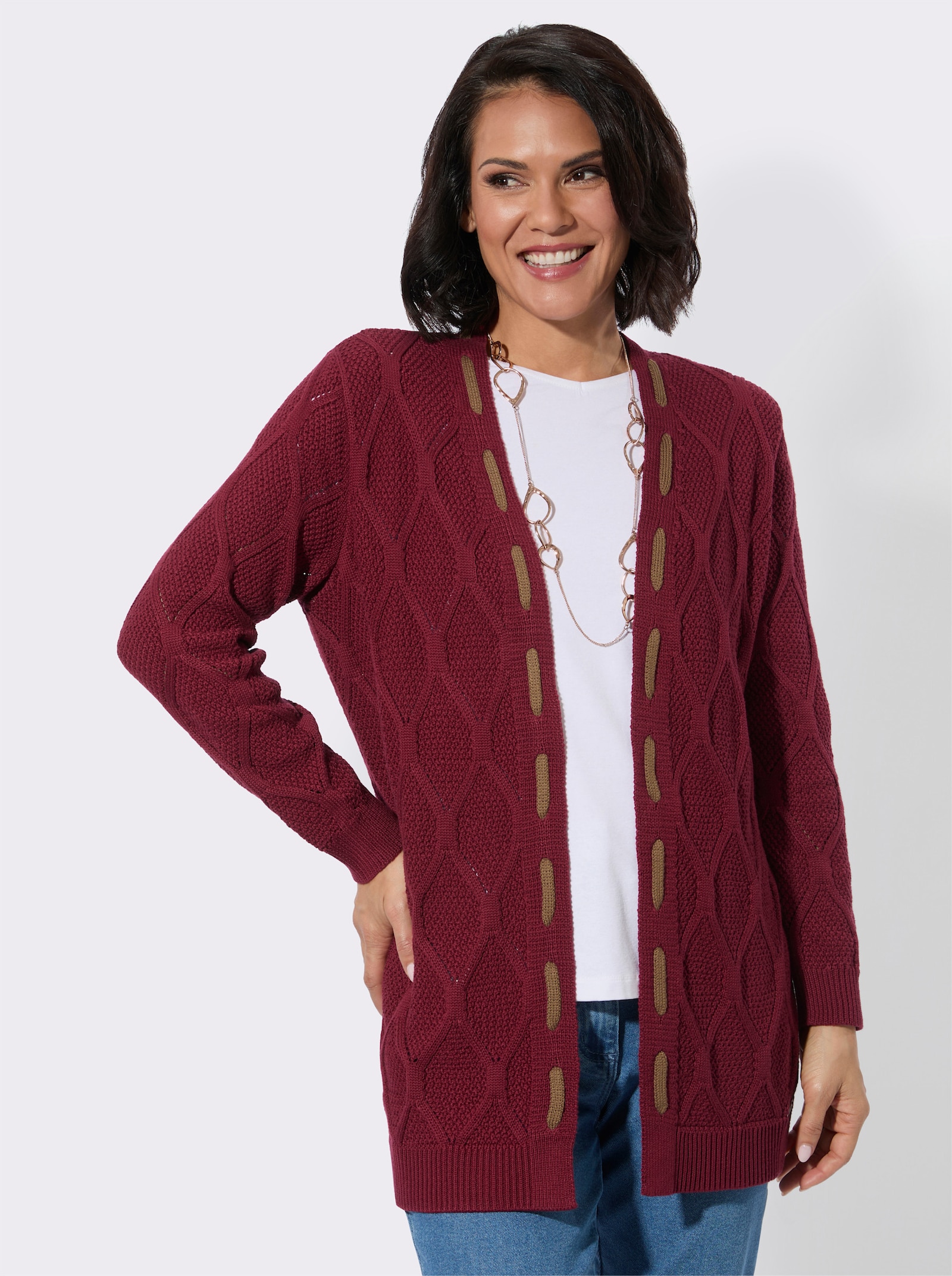 Longstrickjacke mit kontrastfarbigen Details - dunkelrot