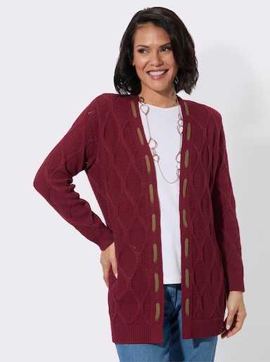 Longstrickjacke mit kontrastfarbigen Details - dunkelrot