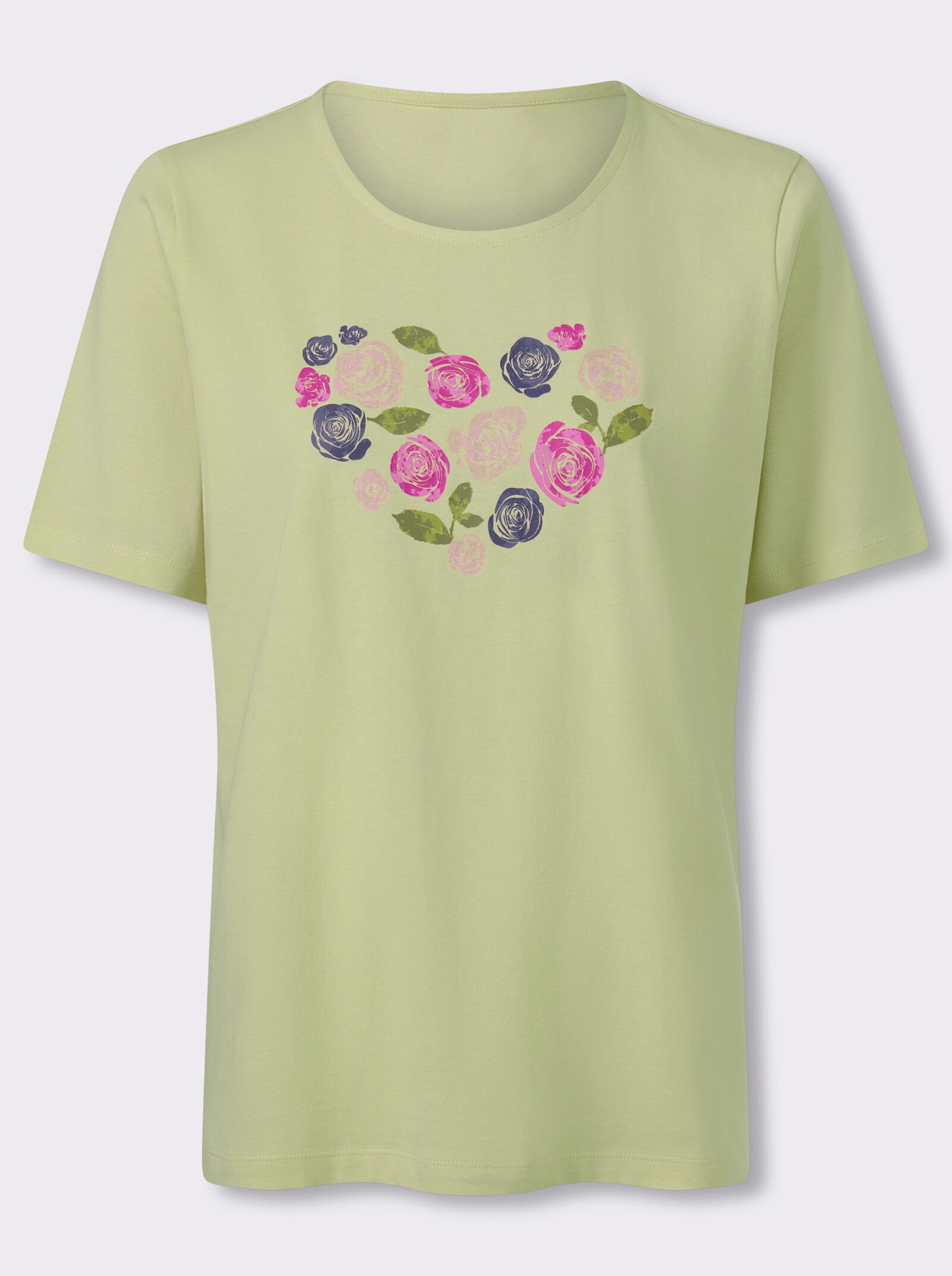 Kurzarmshirt mit Herz-Motiv aus Blüten - pistazie-fuchsia