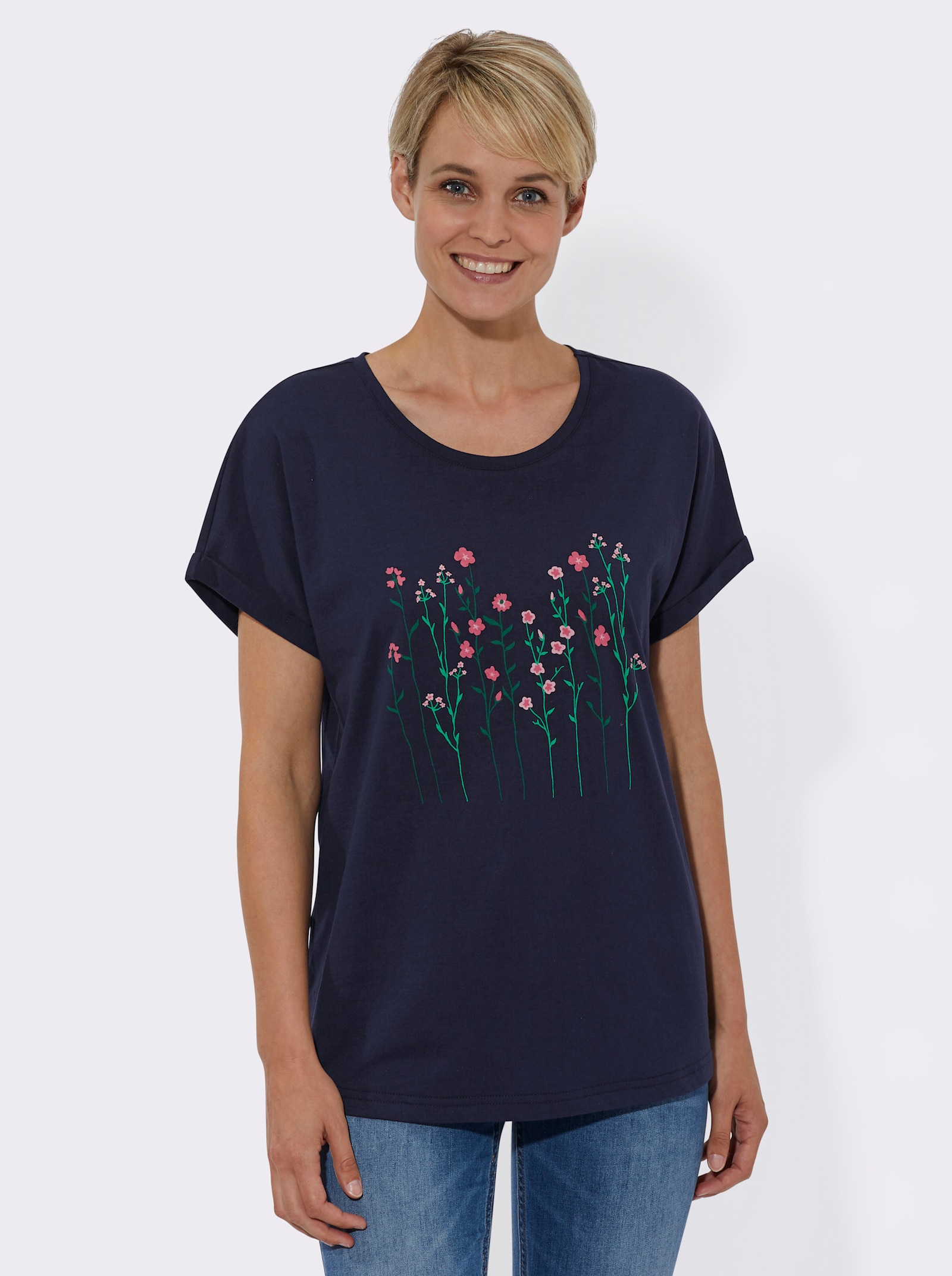 Rundhalsshirt mit Blüten-Dessin - nachtblau-bedruckt