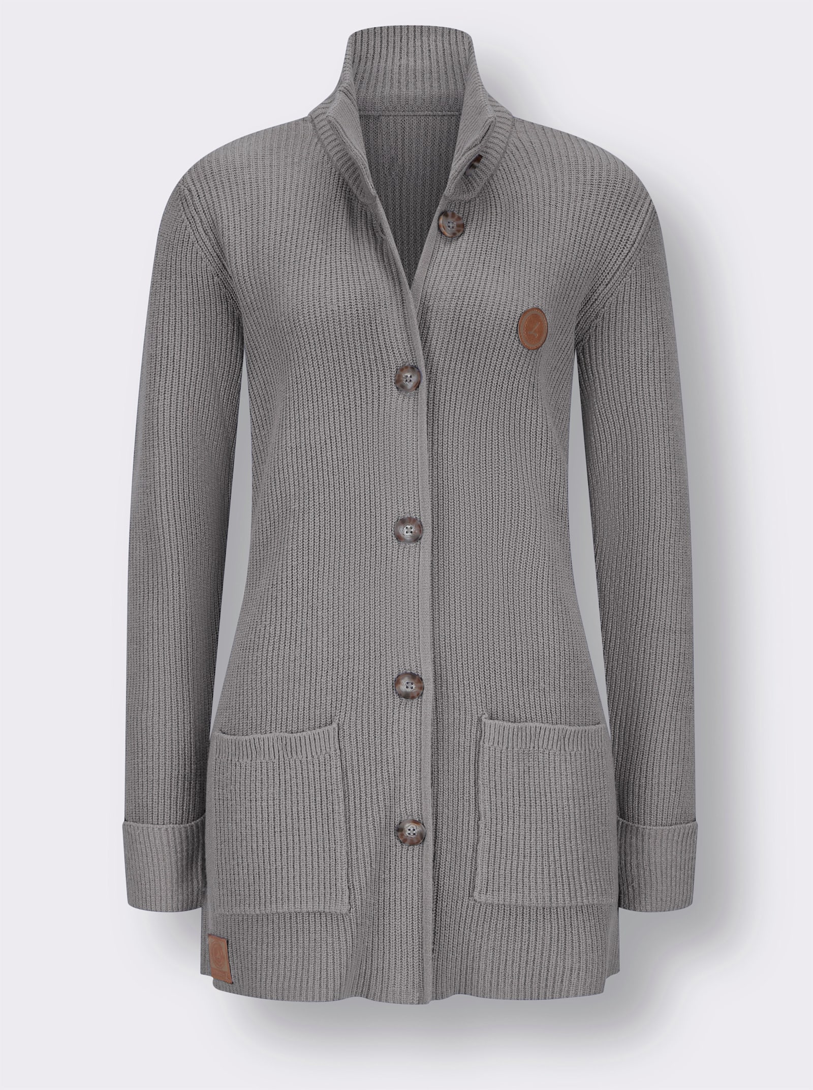 Longstrickjacke mit Stehkragen - steingrau