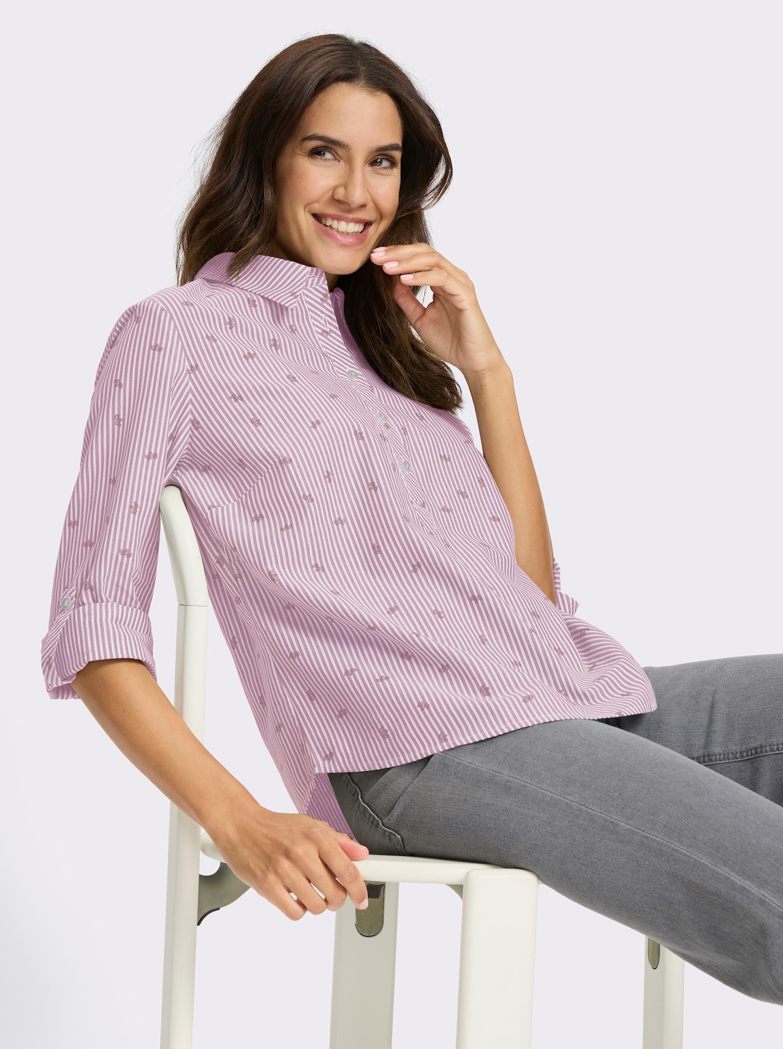 Baumwollbluse mit Krempel-Ärmeln - hortensie-gestreift