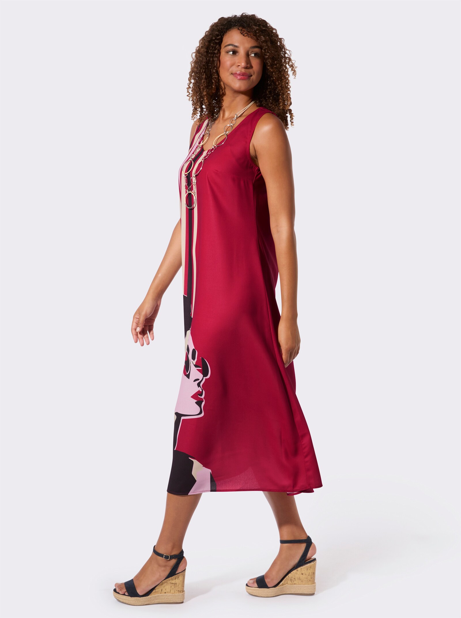Druckkleid in ausgestellter A-Form - rot-rosé-bedruckt
