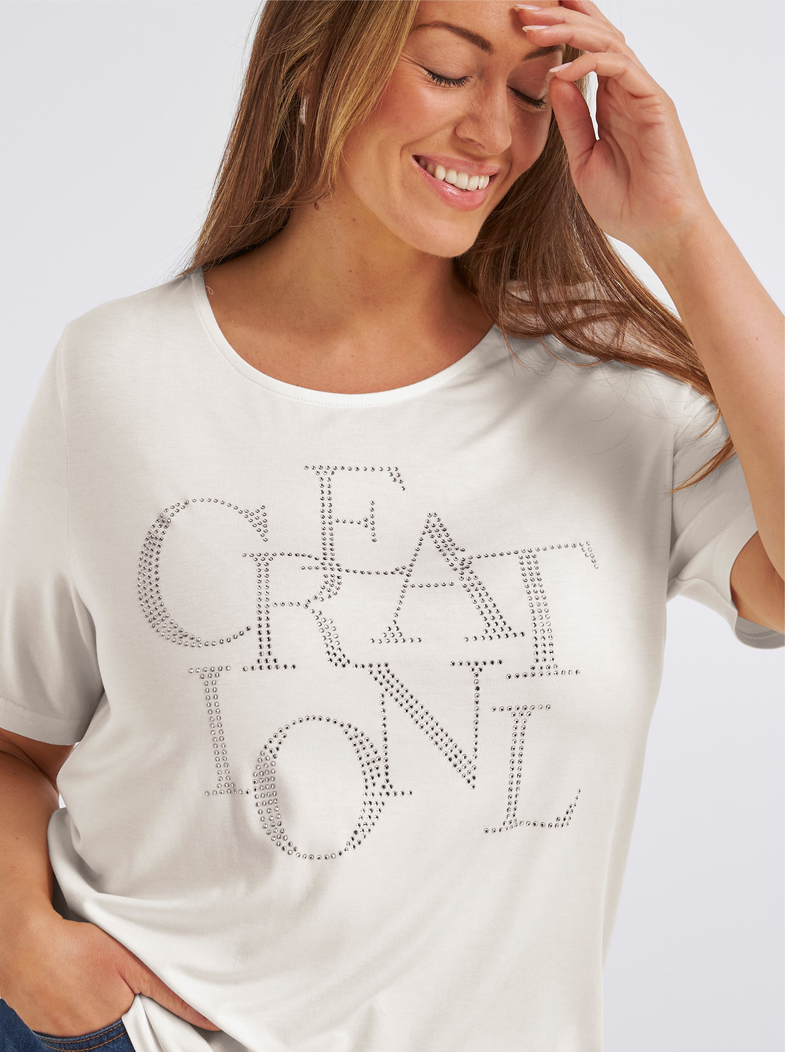 Kurzarmshirt mit Schriftzug aus Glitzersteinchen - ecru