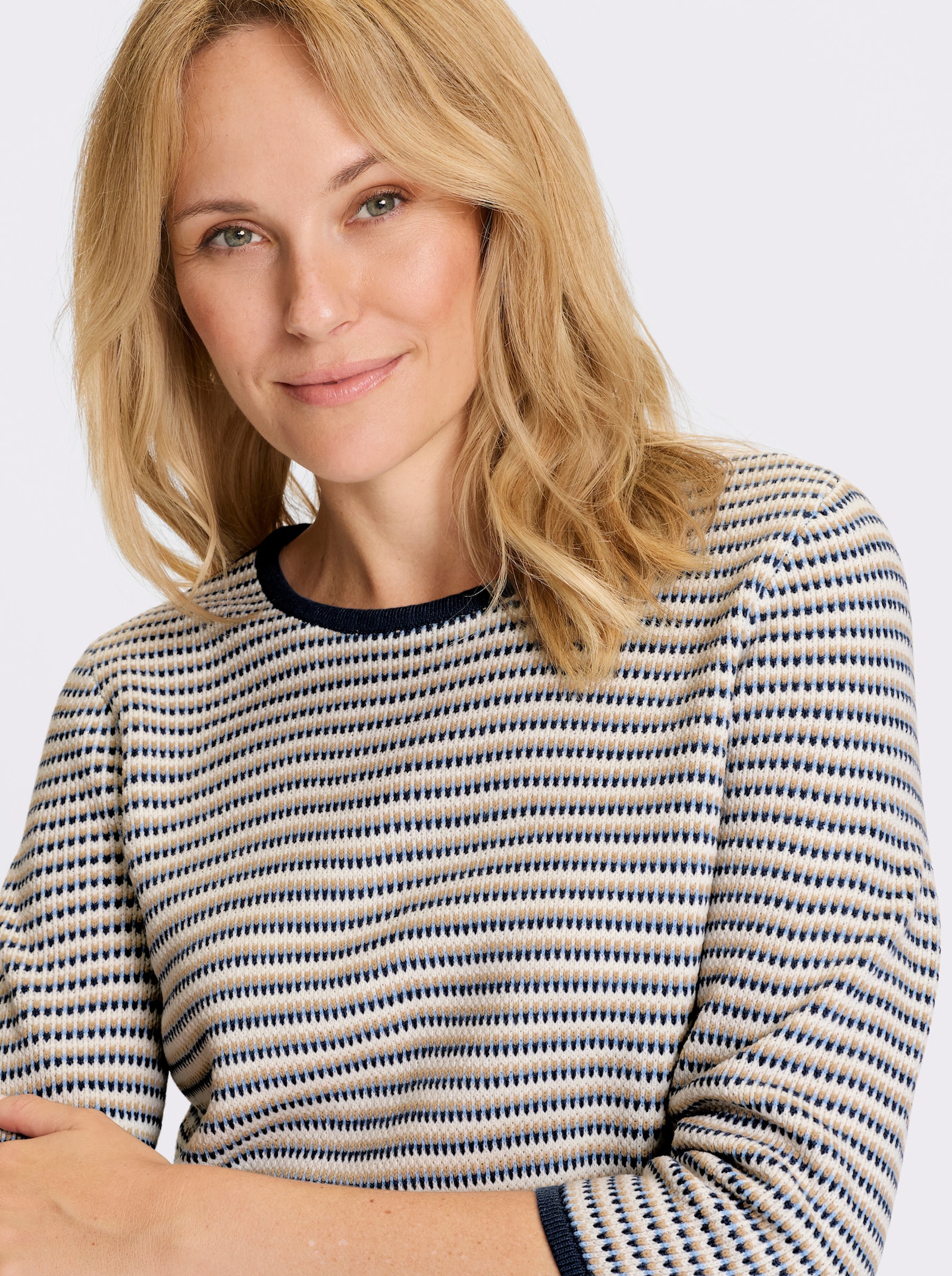 Jacquard-Pullover mit 3/4-Ärmeln - ecru-dunkelblau-gemustert