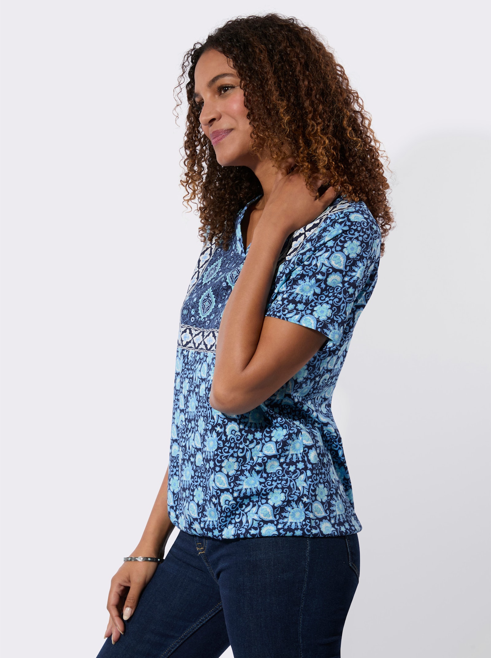 Shirt mit elastischem Saum - himmelblau-marine-bedruckt