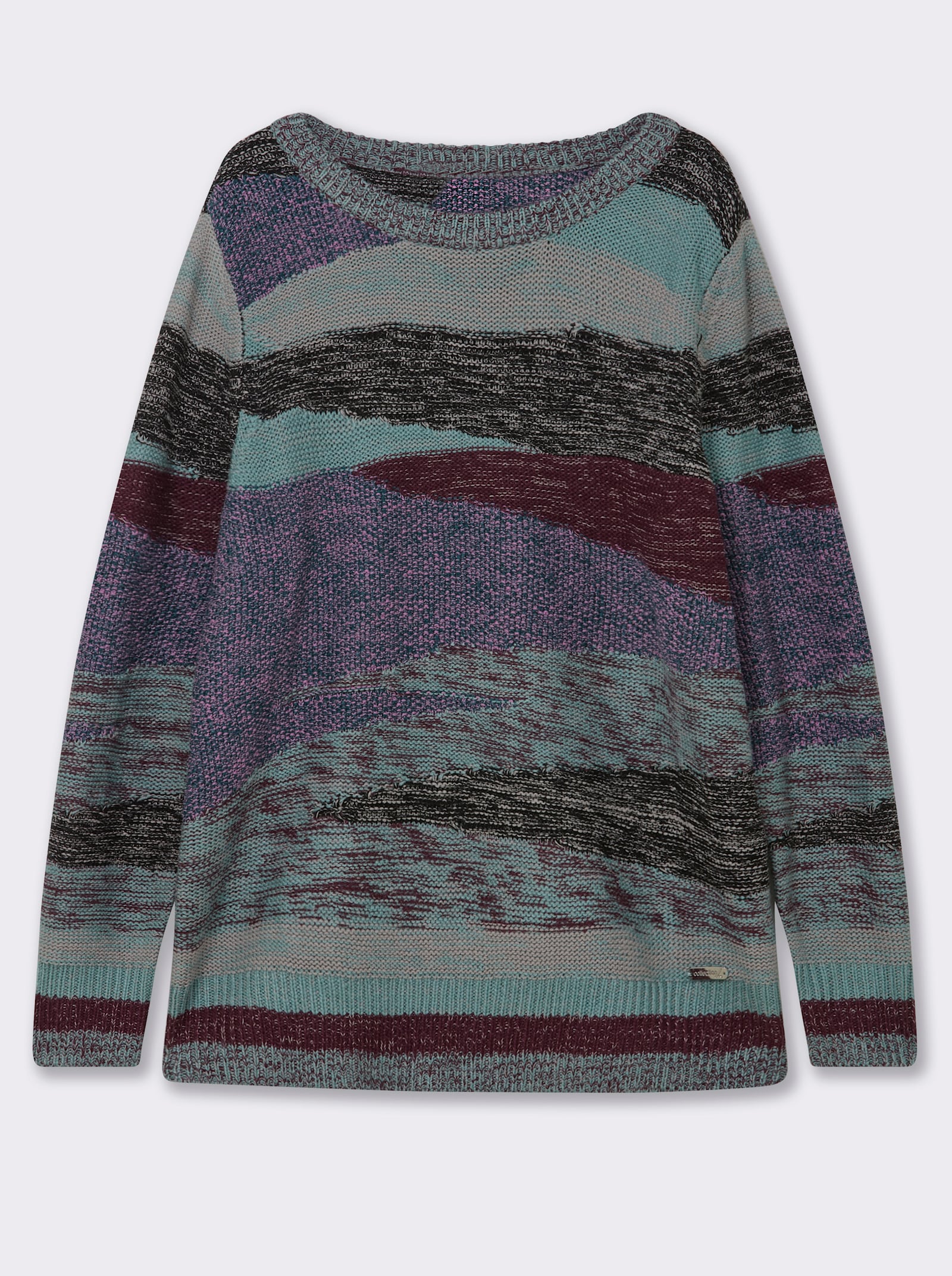 Strickpullover mit farbigen Rippbündchen - jade-steingrau-gemustert