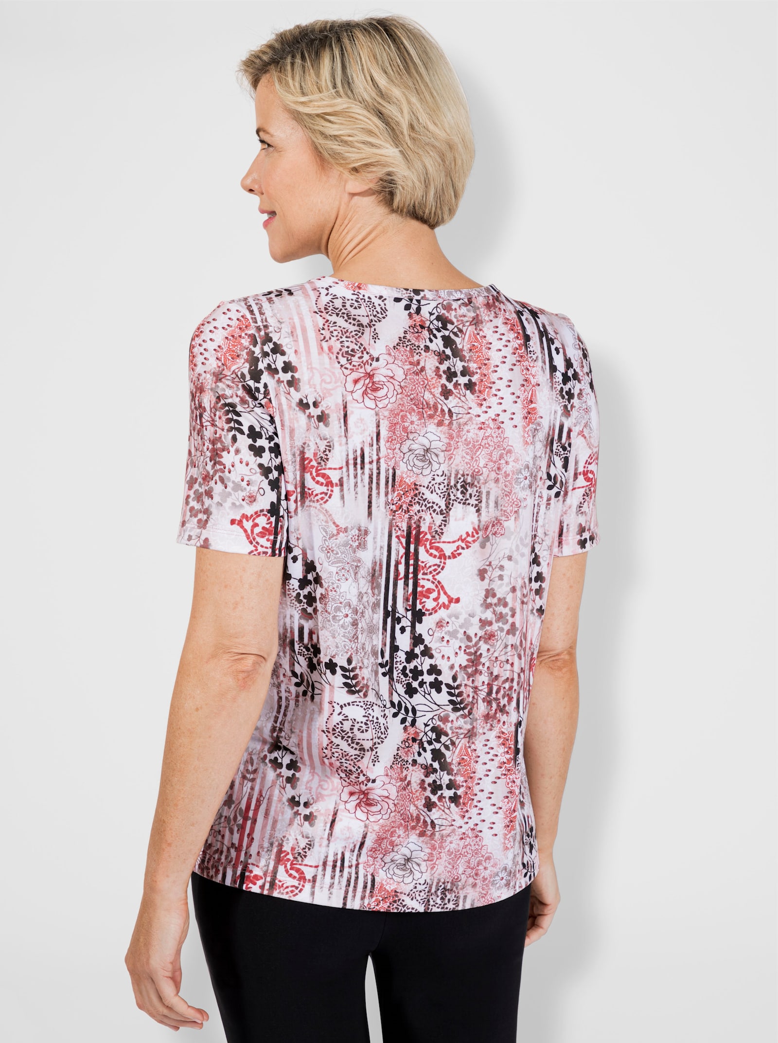 Shirt met ronde hals en korte mouwen - koraal-grafiet bedrukt