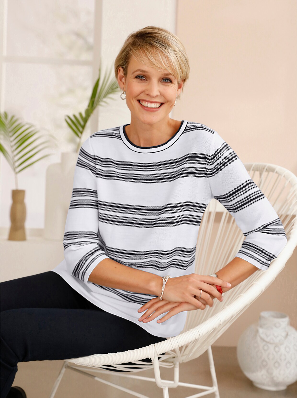 3/4 Arm-Pullover - weiß-geringelt