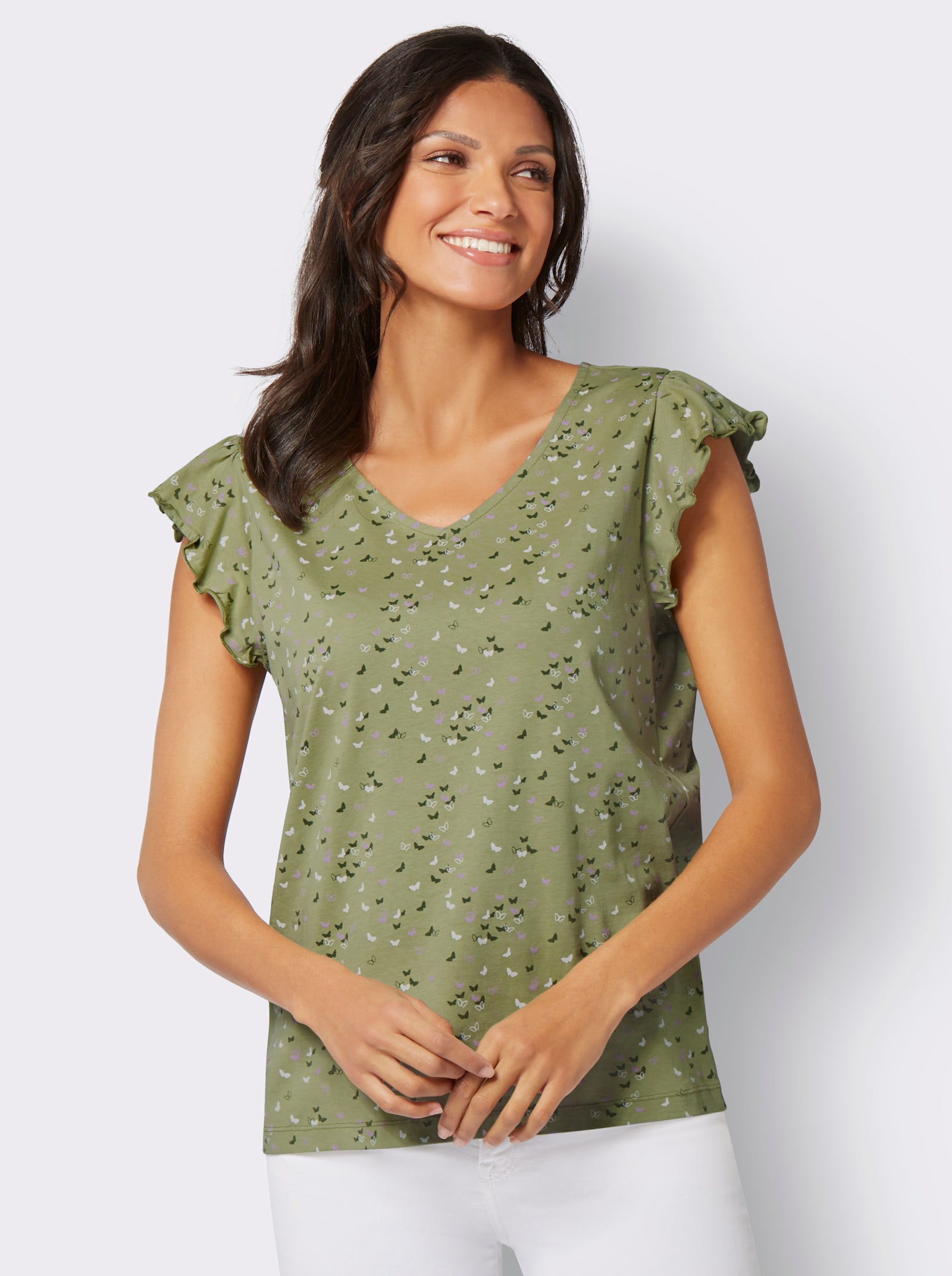 V-Shirt mit Schmetterling-Muster - schilf-khaki-bedruckt