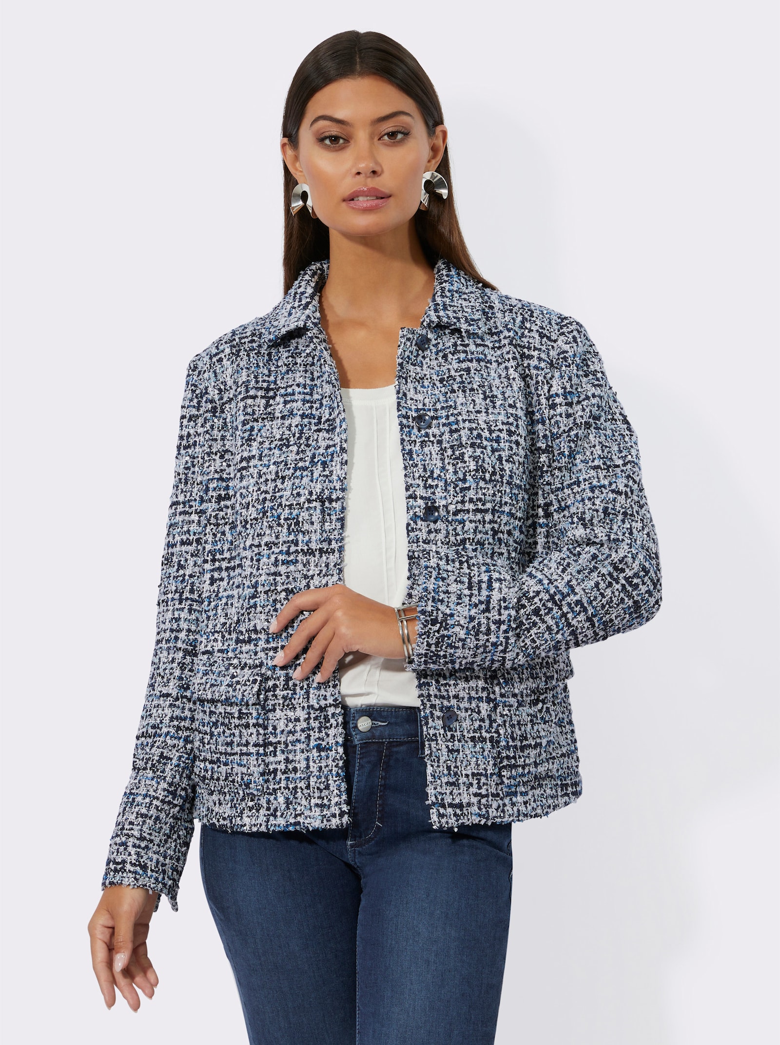Bouclé-Blazer mit Glanzgarnen - mittelblau-royalblau-gemustert