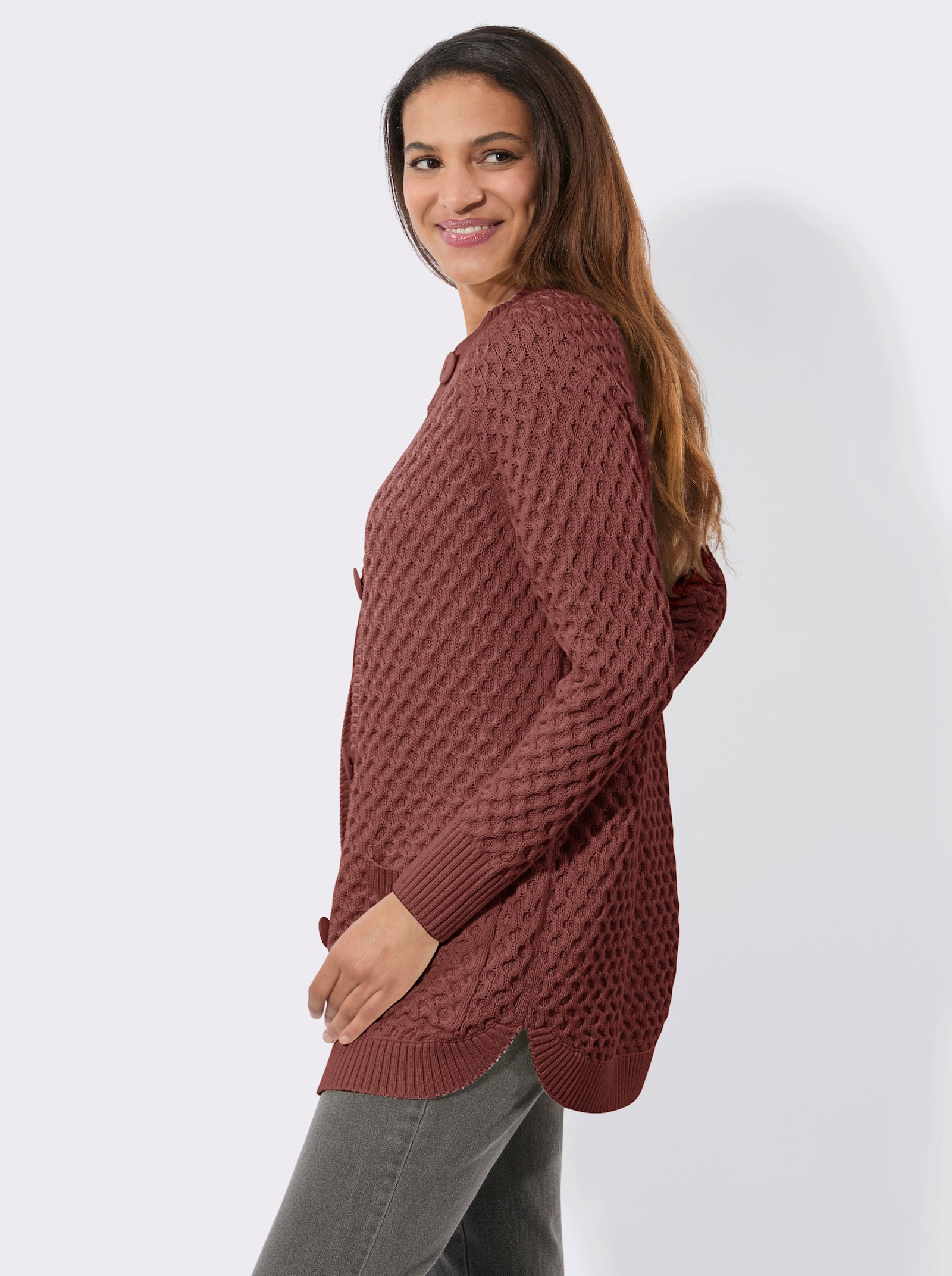 Longstrickjacke mit Taschen - rotbraun