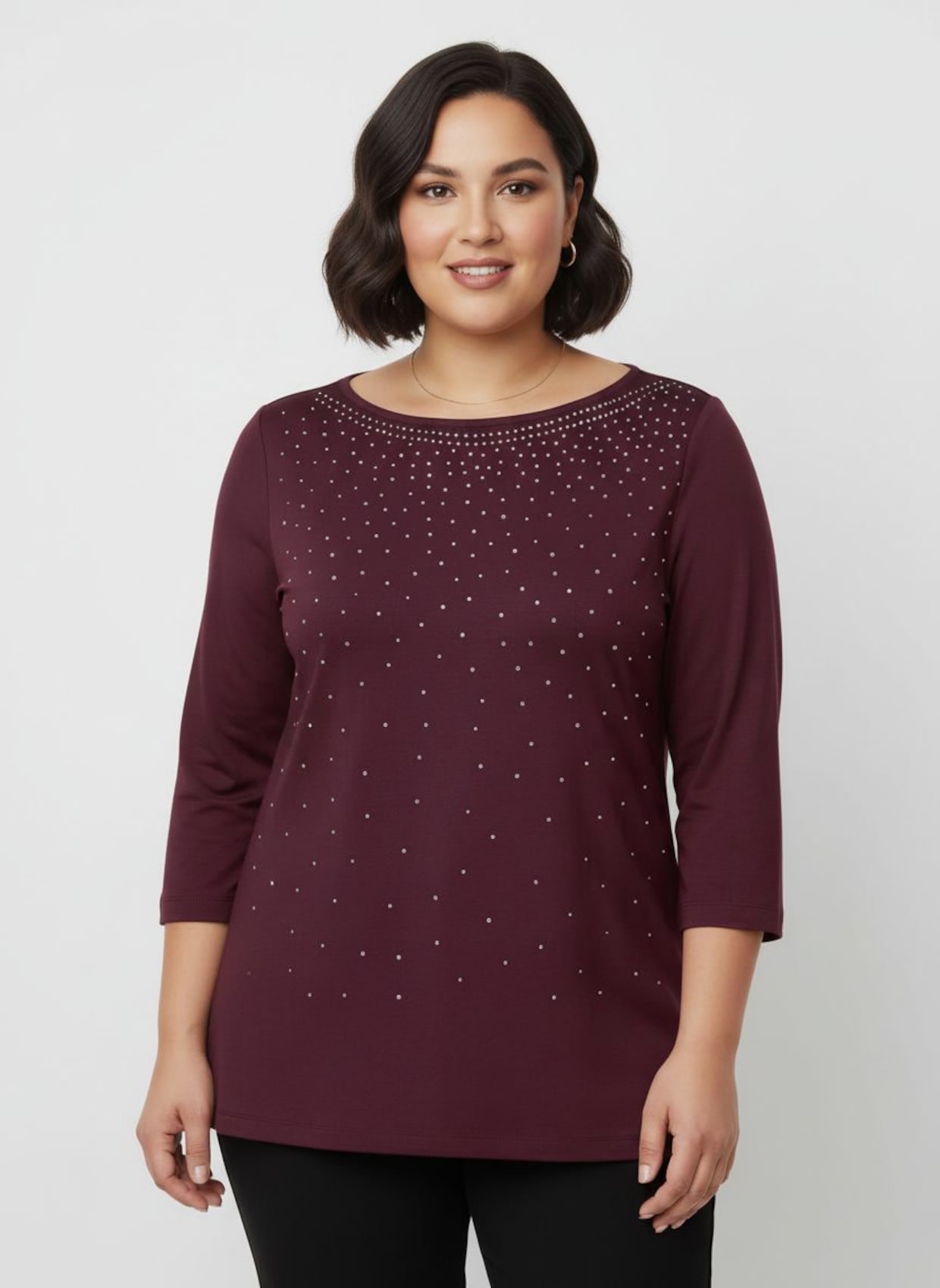 3/4-Arm-Shirt mit Glitzersteinchen - burgund