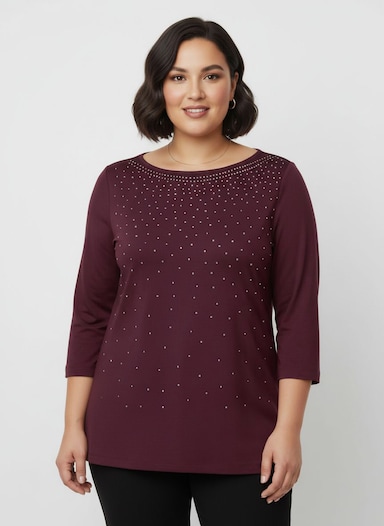 3/4-Arm-Shirt mit Glitzersteinchen - burgund