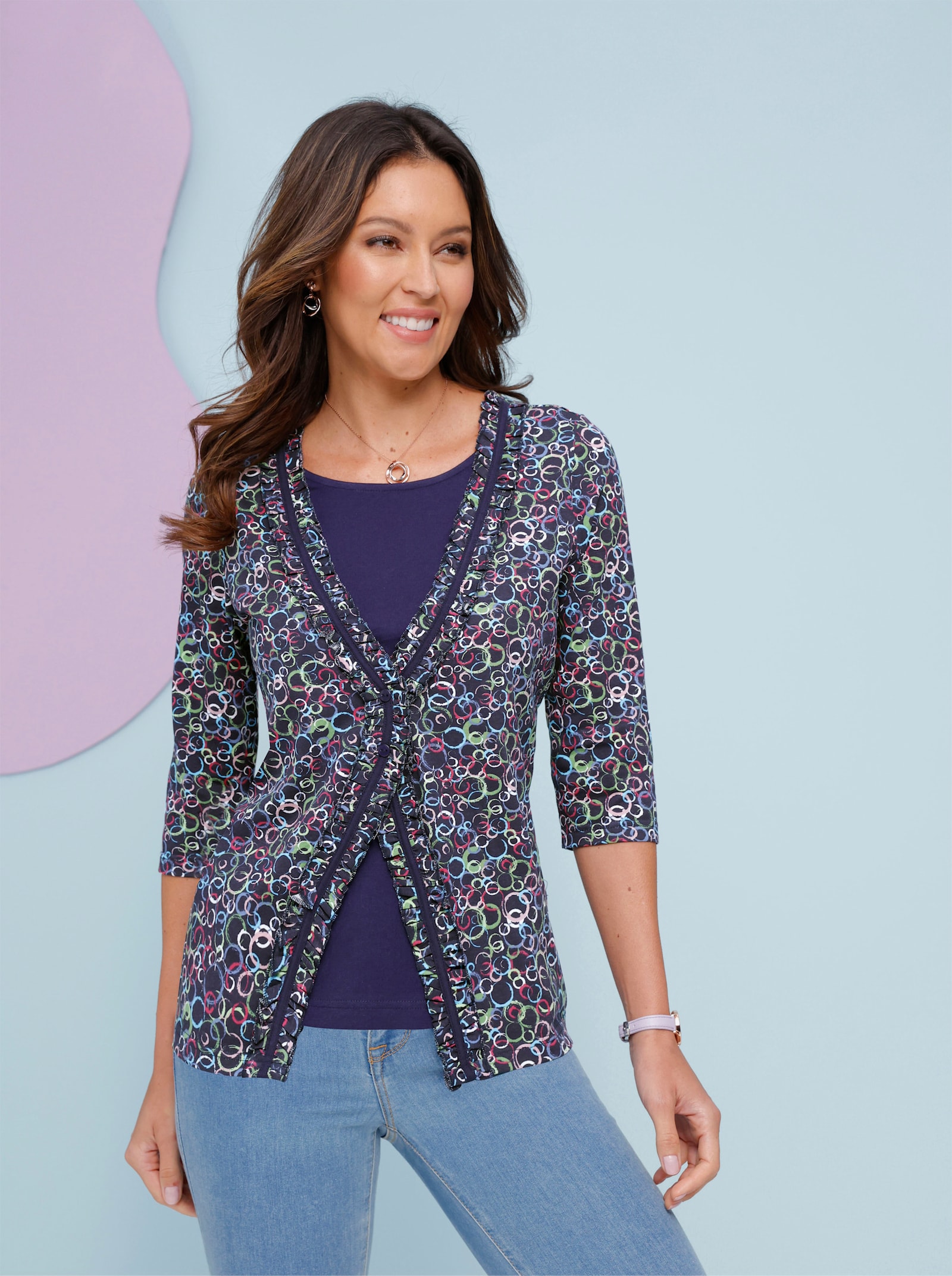 2-in-1-Shirt mit Rüschen - marine-fuchsia-bedruckt