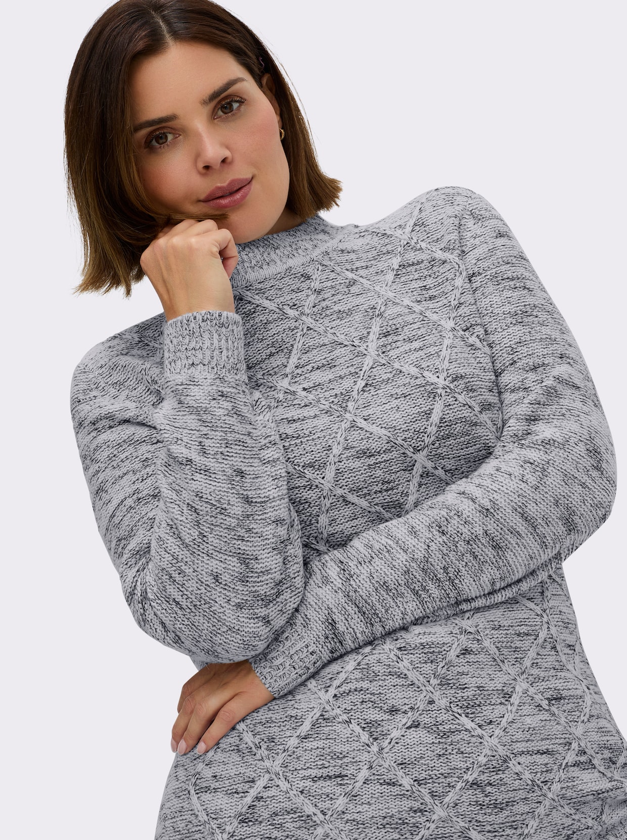 Stehkragenpullover im Rauten-Dessin - grau-meliert