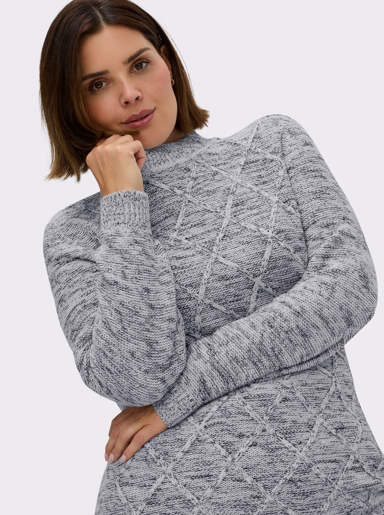 Stehkragenpullover im Rauten-Dessin - grau-meliert