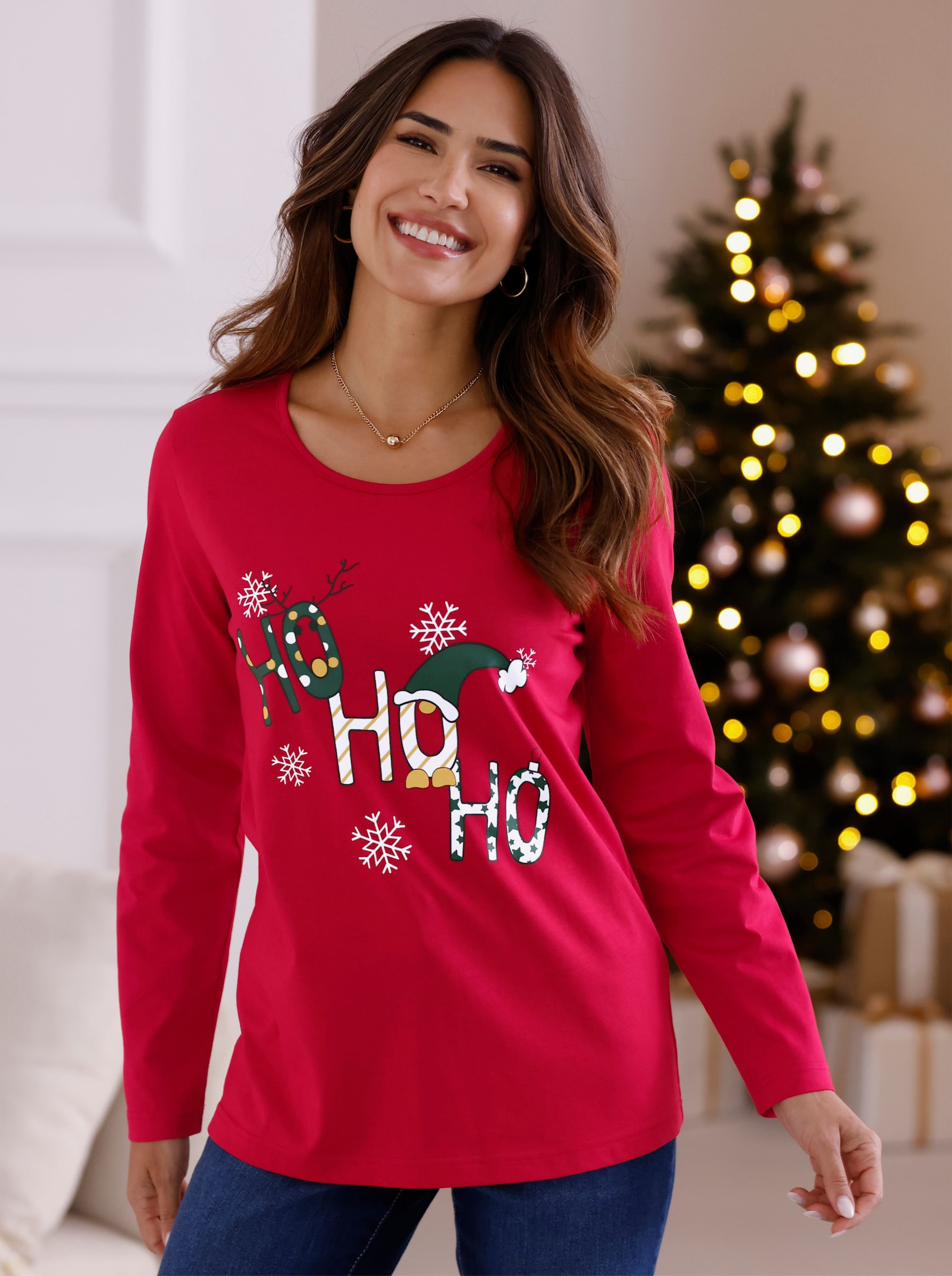 Langarmshirt mit Weihnachts-Motiv - rot-weiß