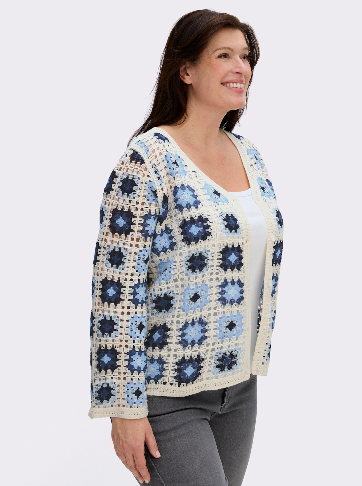 Strickjacke in Häkel-Optik - ecru-jeansblau