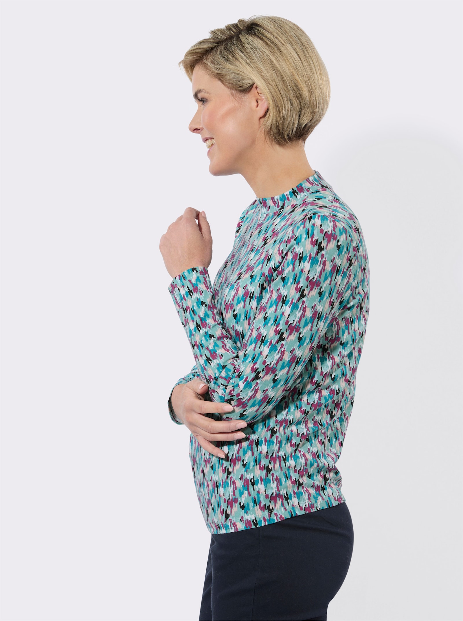 Stehkragenshirt mit Grafik-Dessin - salbei-malve-bedruckt