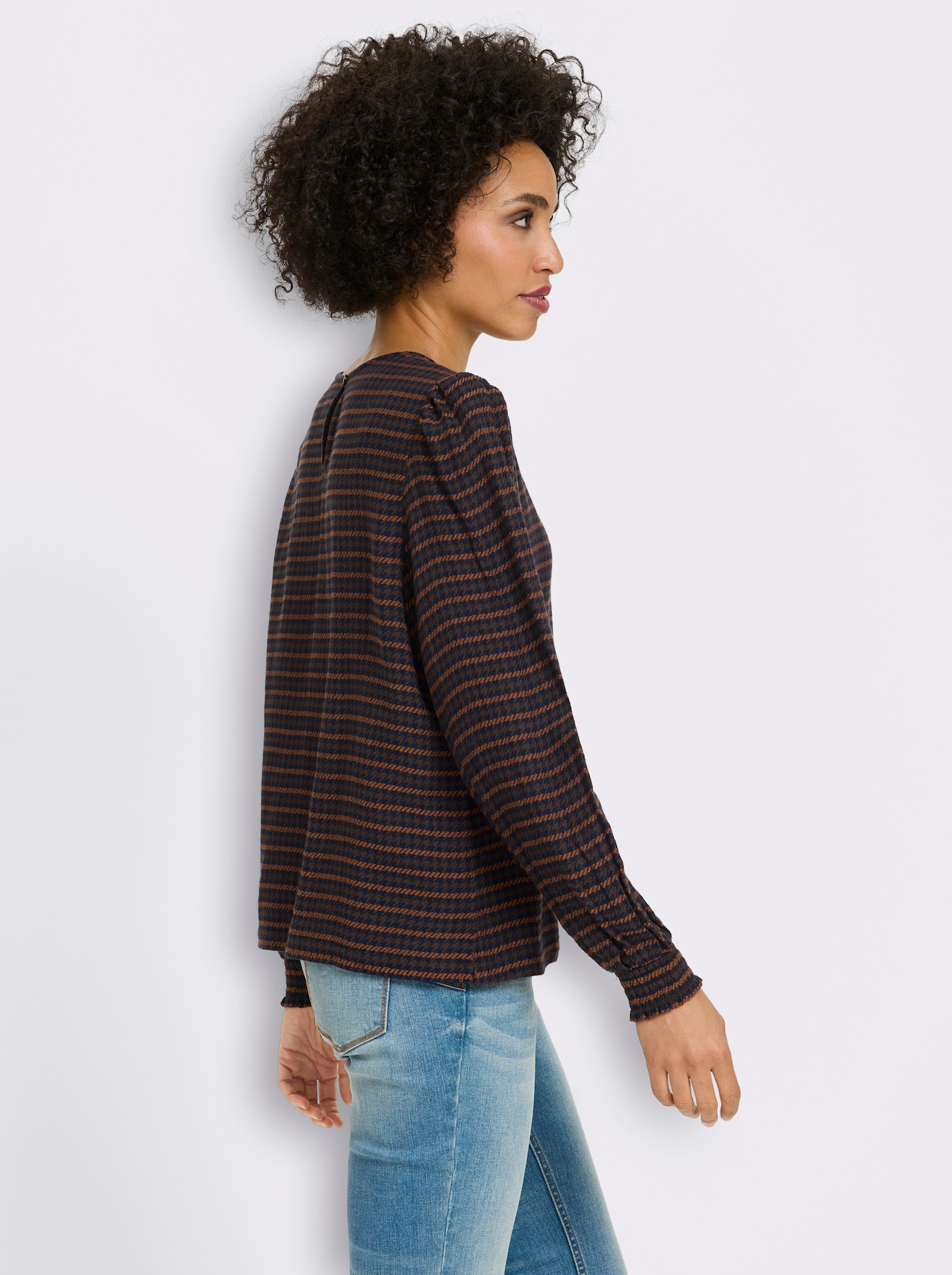 heine Comfortblouse van seersucker - marine/chocolade gedessineerd